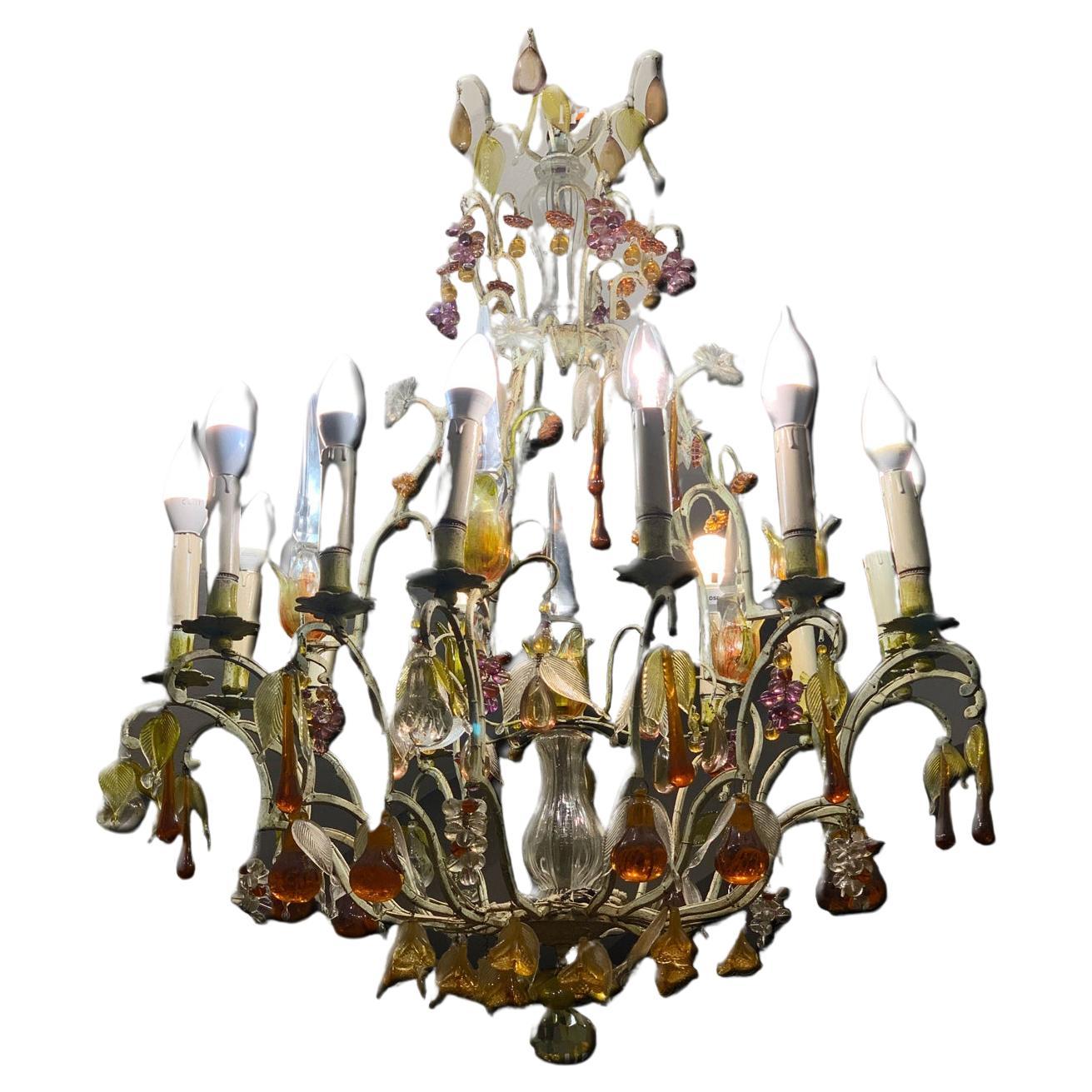 19th CENTURY LACQUERED BRONZE CHANDELIER WITH GLASS FRUIT For Sale