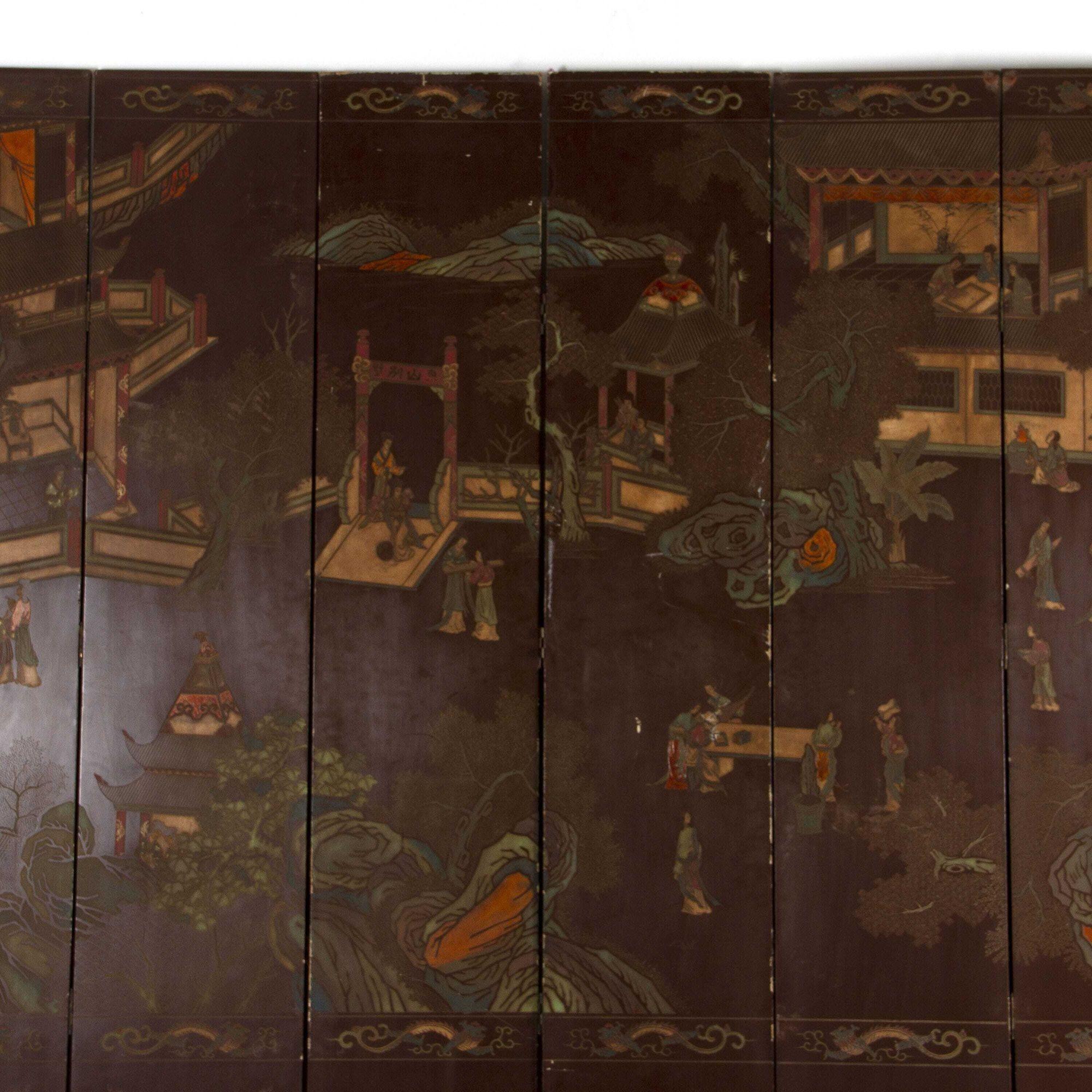 Chinese 19th Century Lacquered Chinoiserie Screen