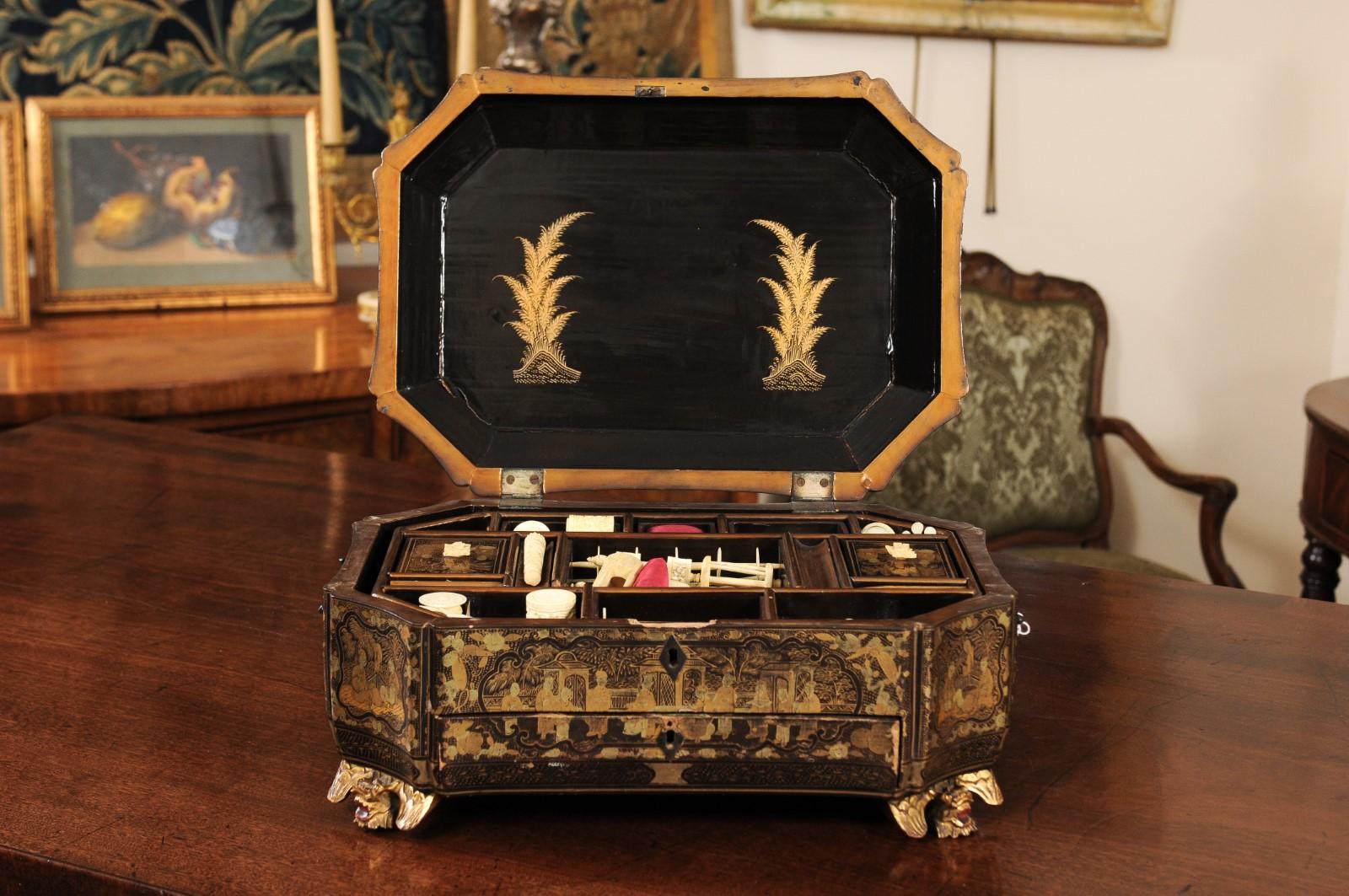 Gilt 19th Century Lacquered Chinoiserie Sewing Box