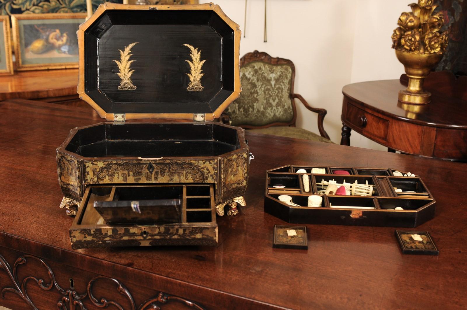 Giltwood 19th Century Lacquered Chinoiserie Sewing Box