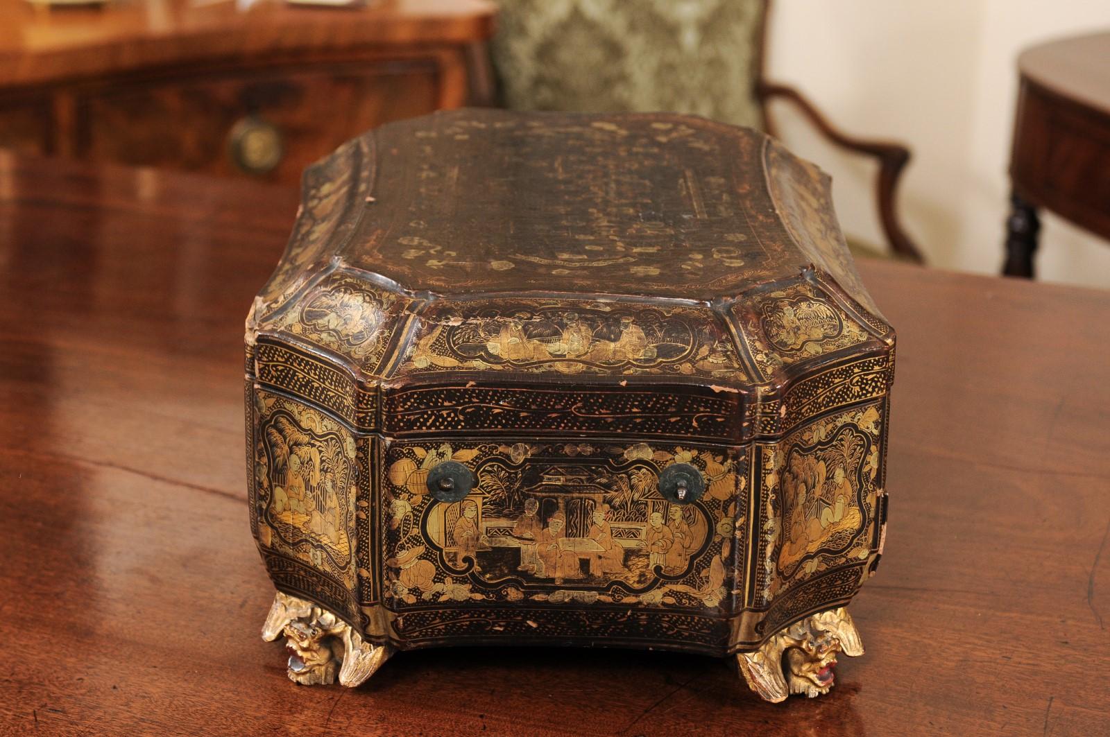 19th Century Lacquered Chinoiserie Sewing Box 1