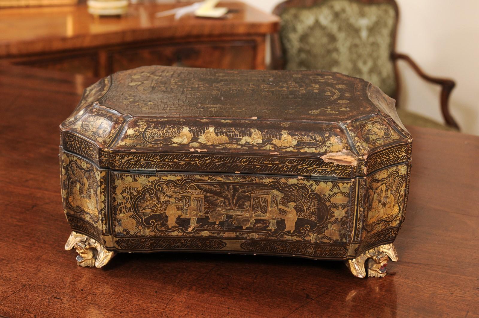 19th Century Lacquered Chinoiserie Sewing Box 2