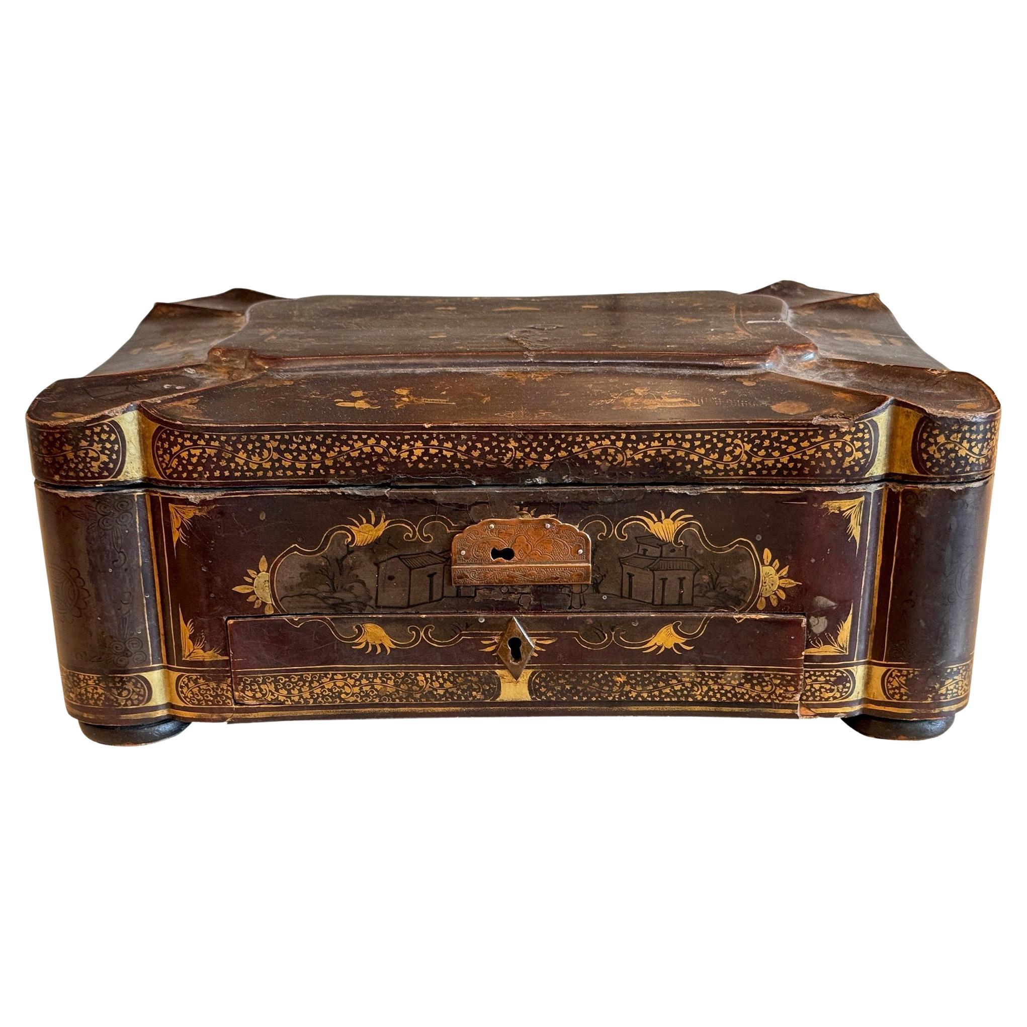 19th Century Lacquered Chinoiserie Sewing Box