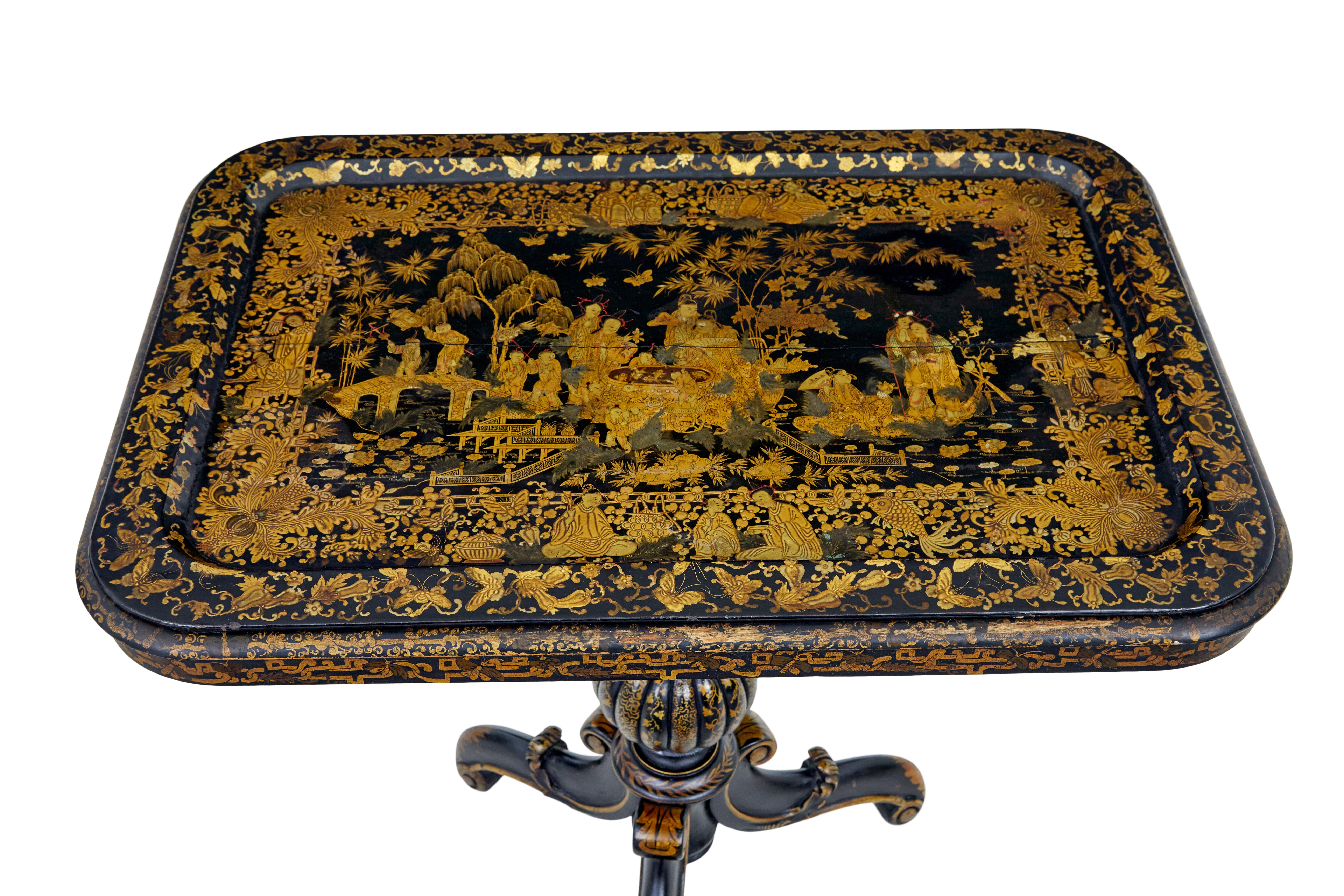 Turned 19th Century lacquered hand painted tray table For Sale