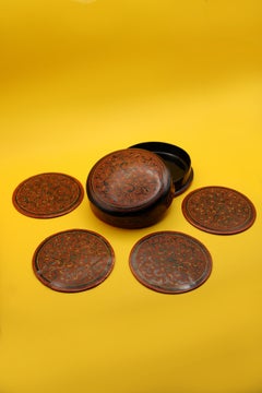 19th Century Lacquered Pair of 6 Burmese lacquerware coasters floral elements