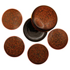 19th Century Lacquered Pair of 6 Burmese lacquerware coasters floral elements