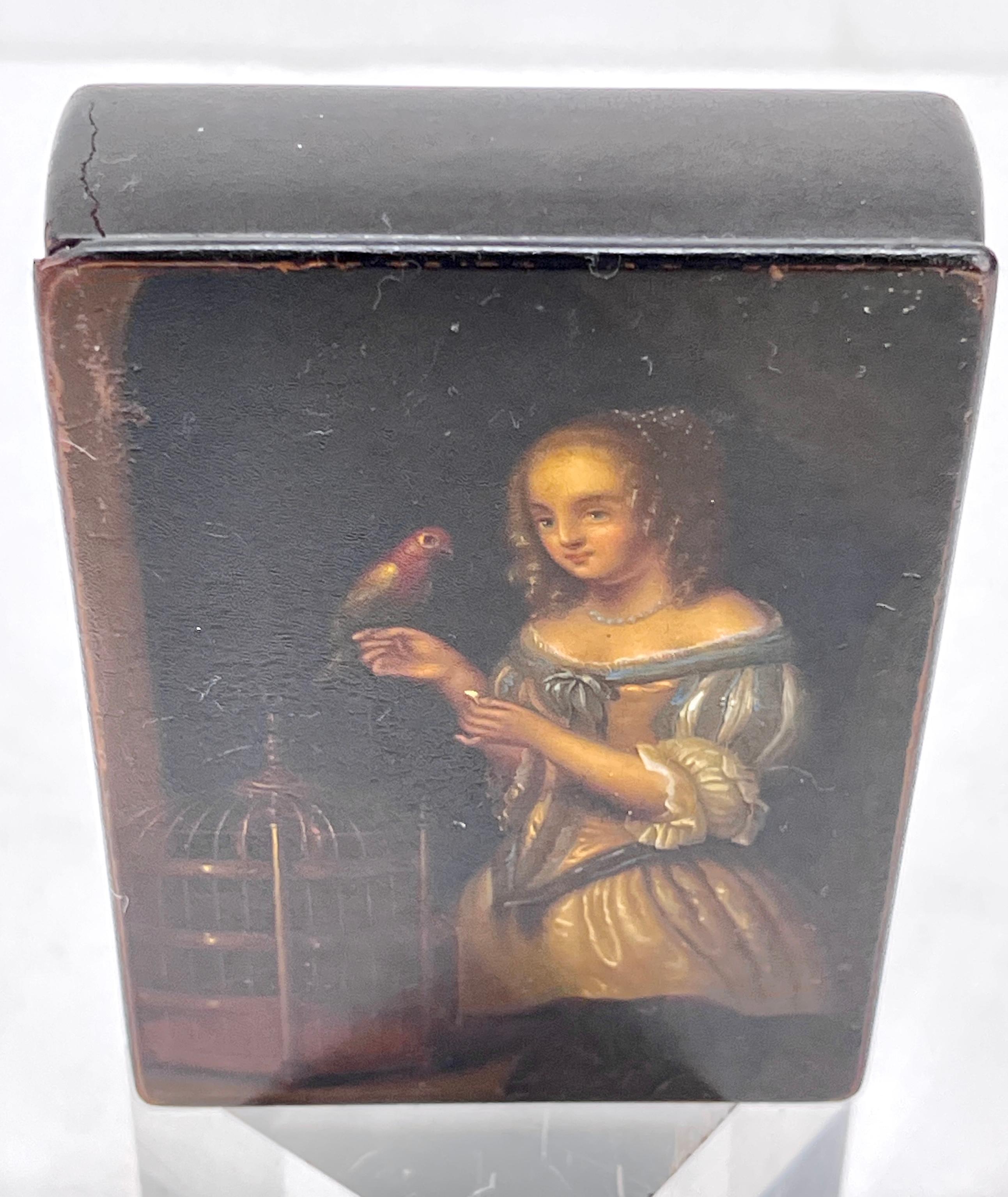 19th Century Lacquered Papier-mâché Snuff Box with Parrot and Lady For Sale 9