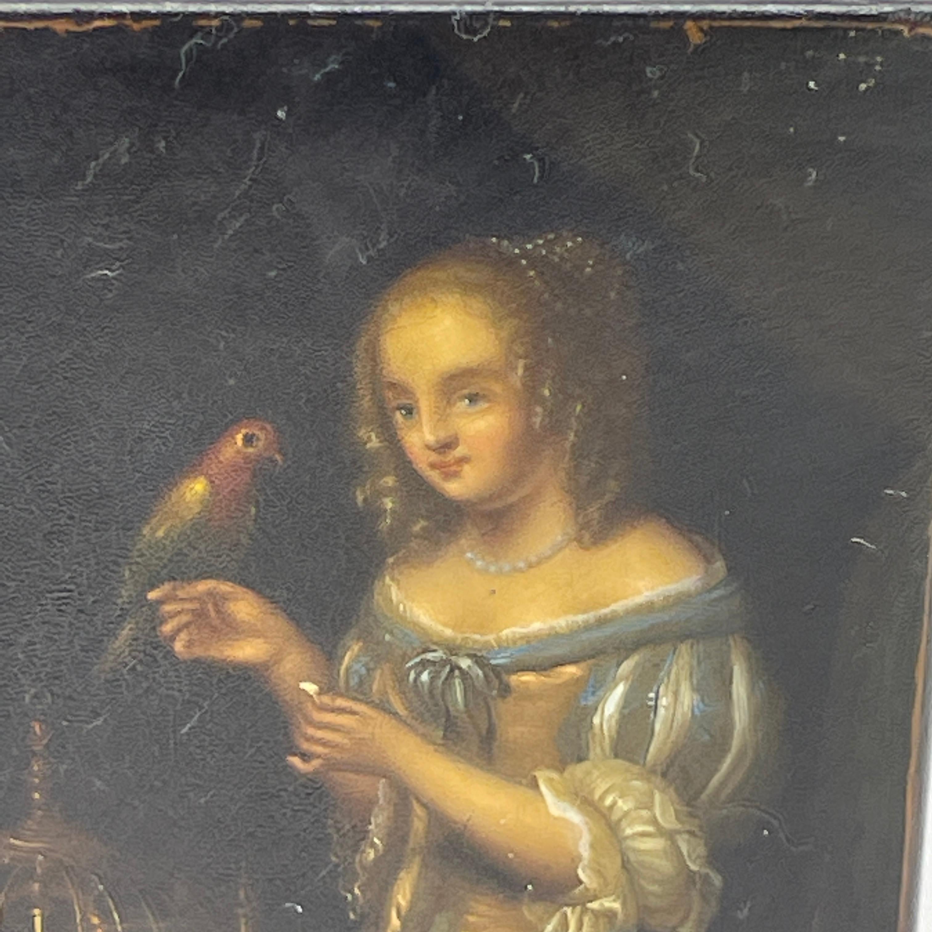 Tabatière en papier mâché laqué du XIXe siècle avec perroquet et dame en vente 9