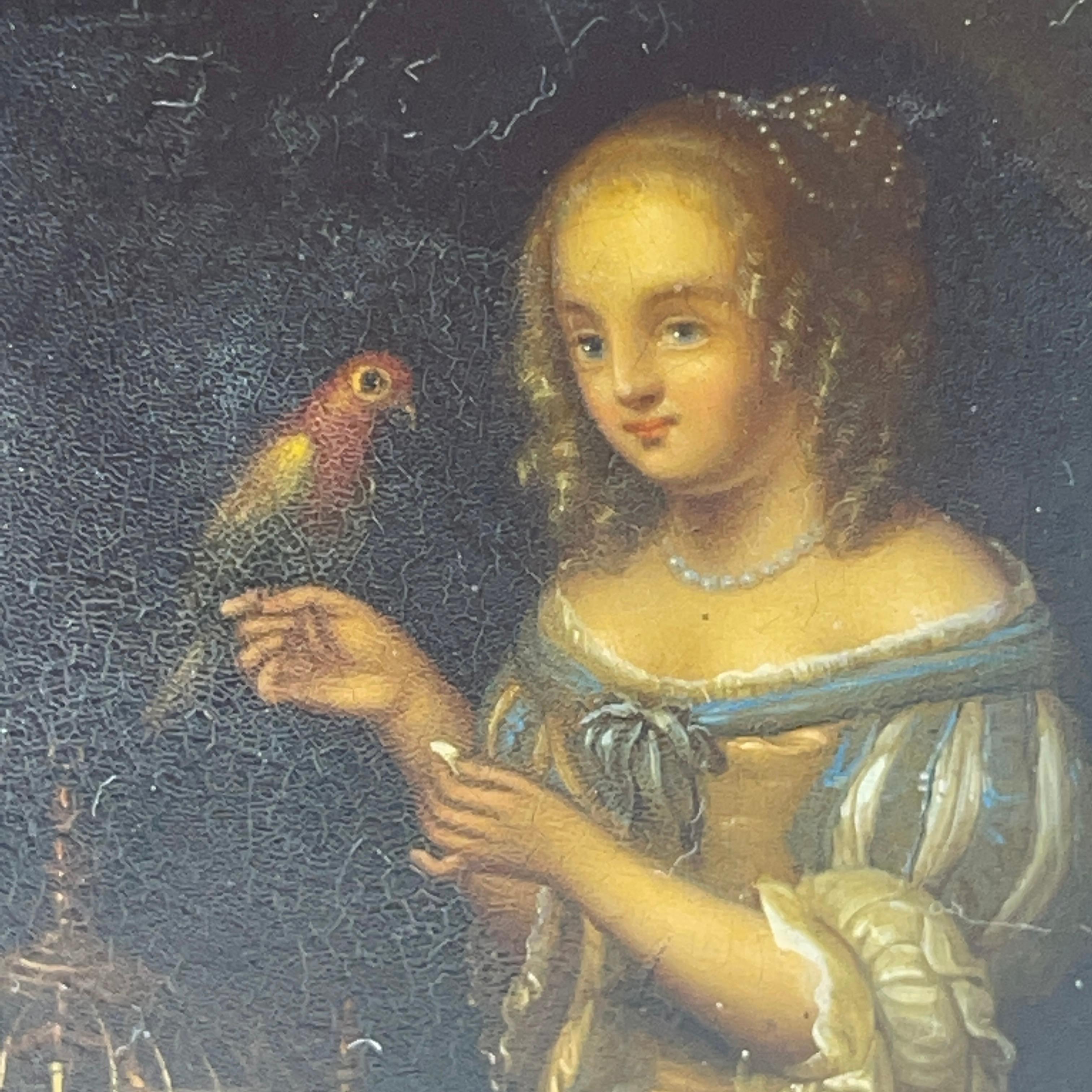 19th Century Lacquered Papier-mâché Snuff Box with Parrot and Lady For Sale 1