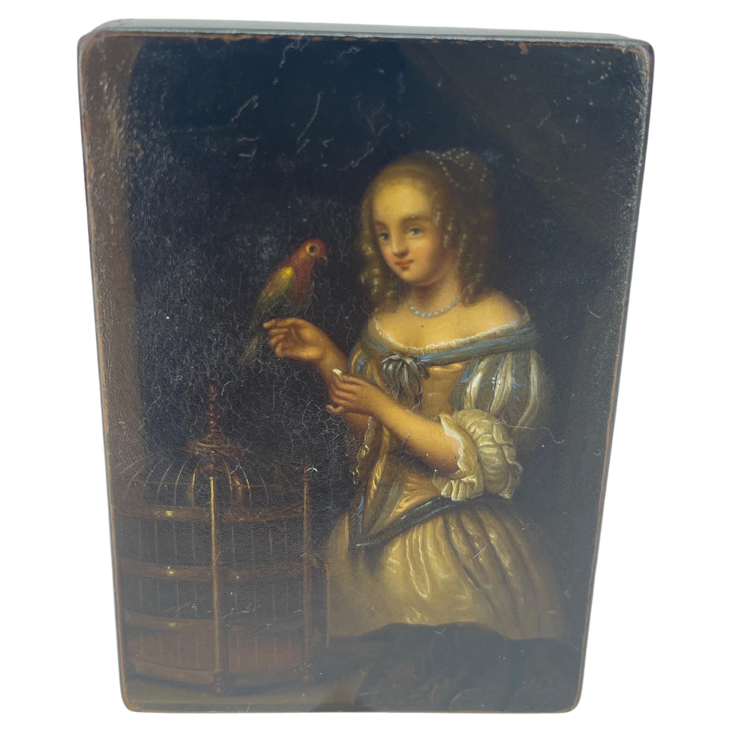 19th Century Lacquered Papier-mâché Snuff Box with Parrot and Lady For Sale 2