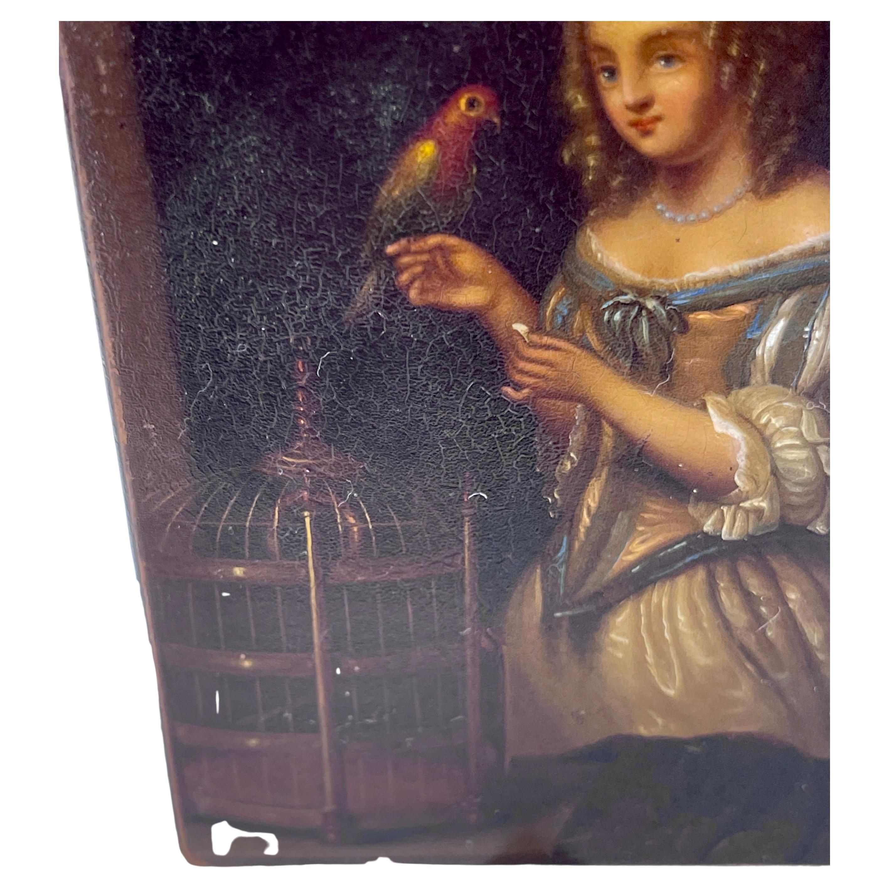 Tabatière en papier mâché laqué du XIXe siècle avec perroquet et dame en vente 1
