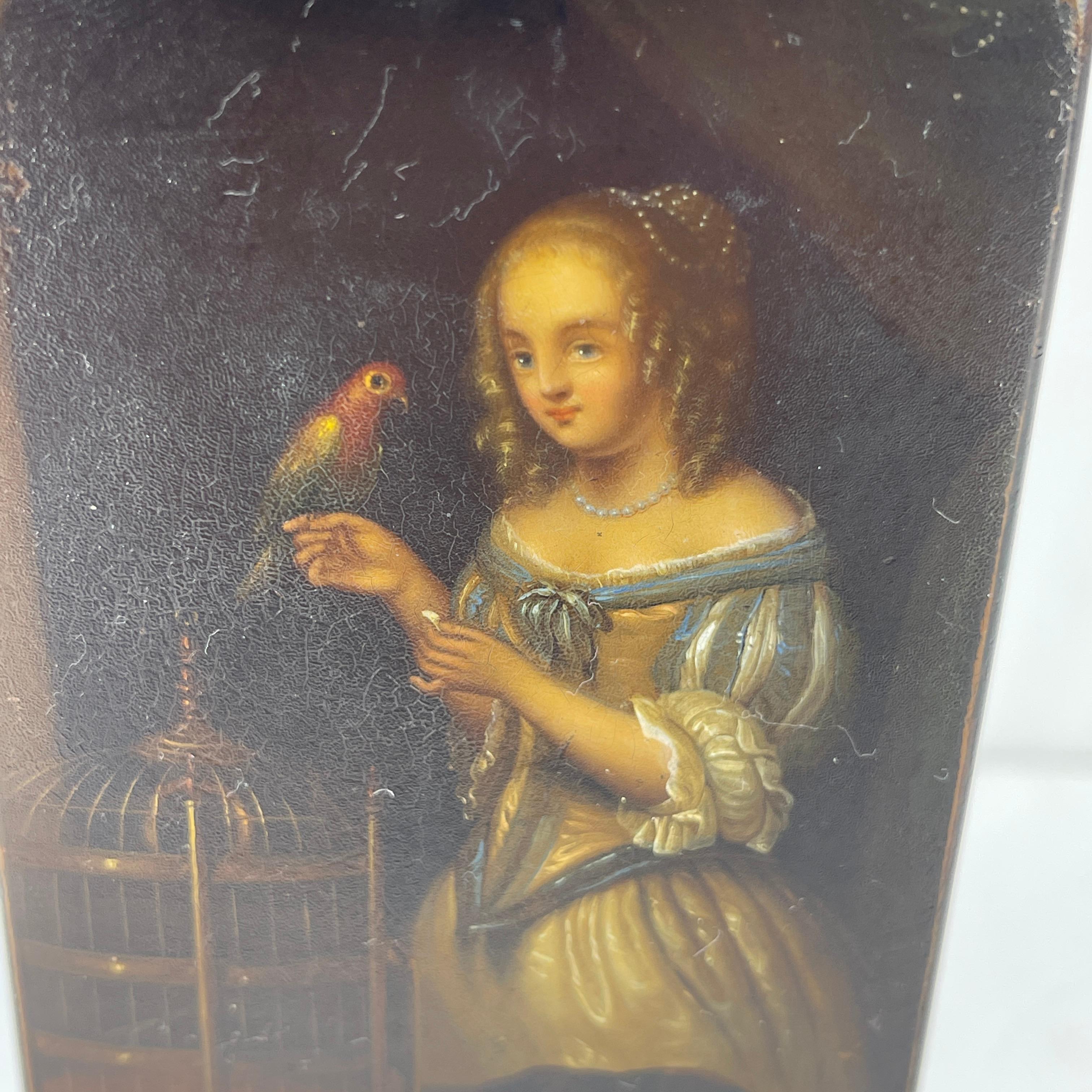 19th Century Lacquered Papier-mâché Snuff Box with Parrot and Lady For Sale 3
