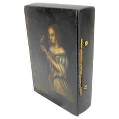 19th Century Lacquered Papier-mâché Snuff Box with Parrot and Lady