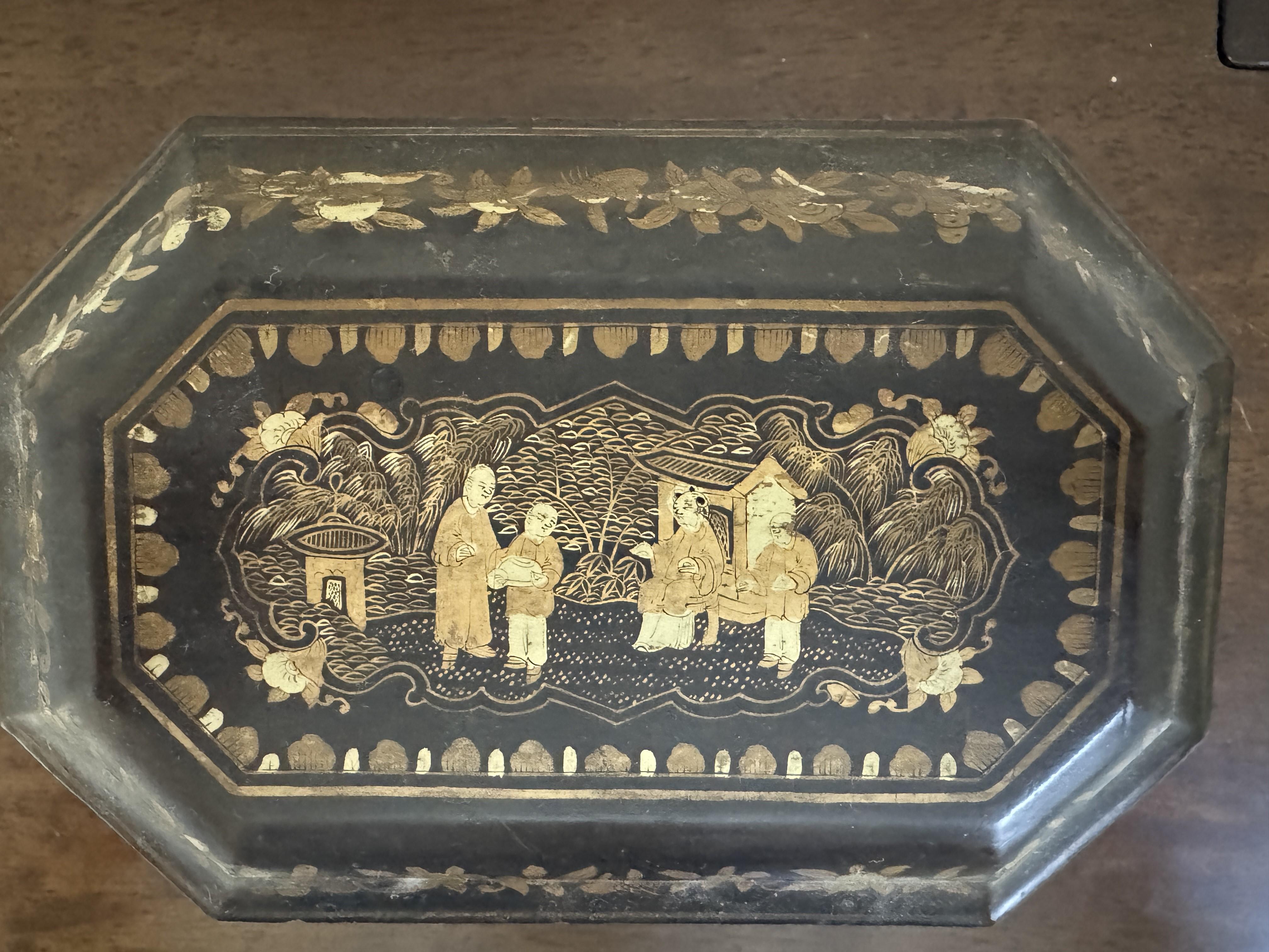 Boîte à thé du 19ème siècle laquée en papier mâché en vente 1