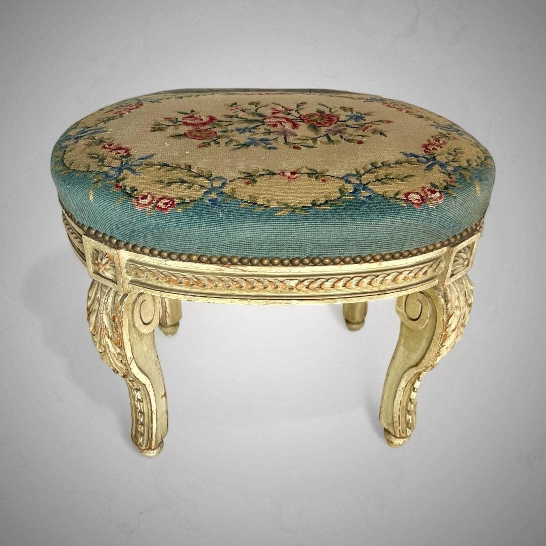 French 19th Century Lacquered Wooden Stool in Louis XV Transition Style  For Sale