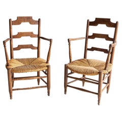 19th century ladder back armchairs with rush seat