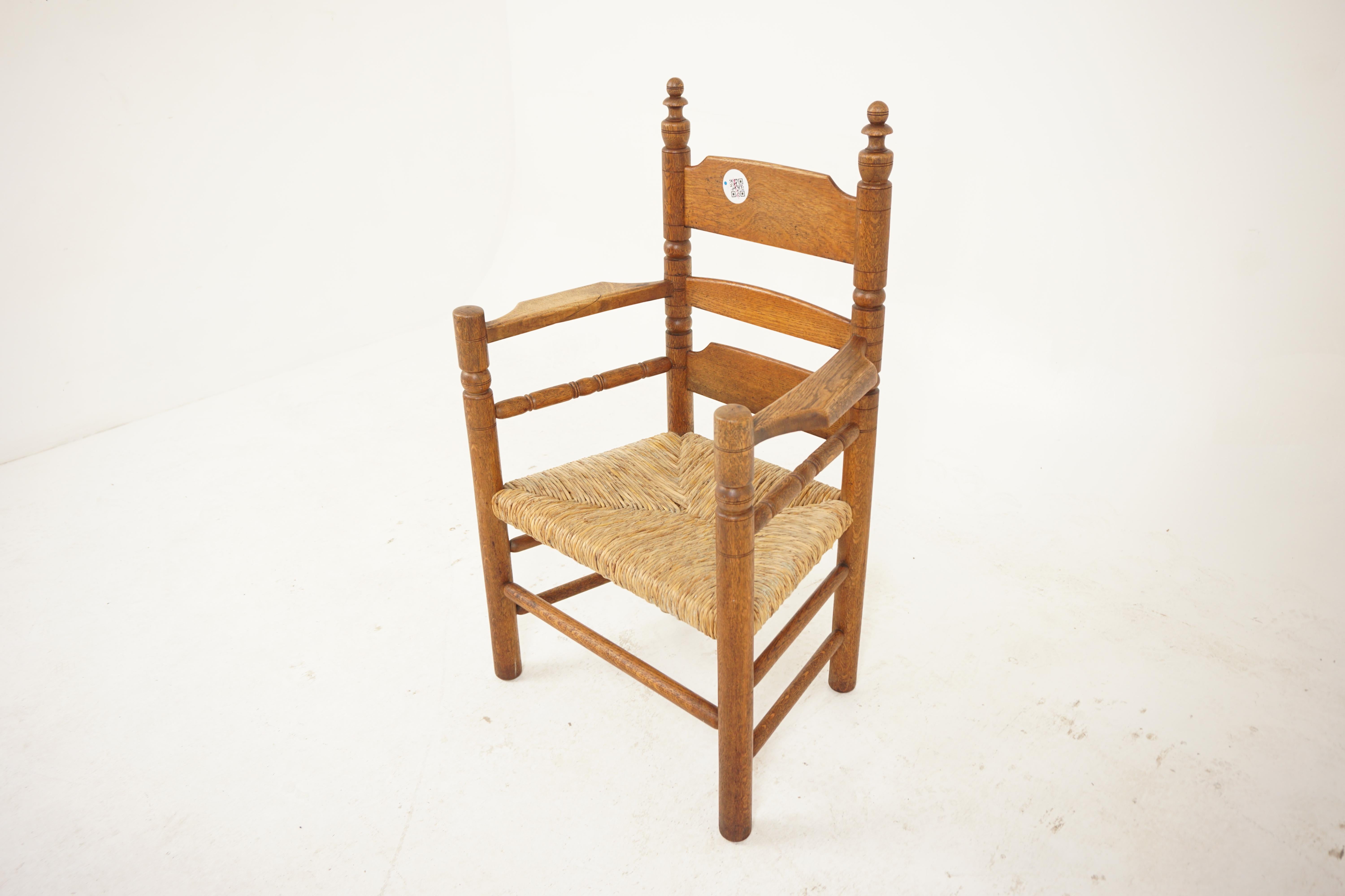 19th Century ladder back rush seat arm seat arm chair, Scotland 1910, H091

Scotland 1910
Solid oak
Original finish
The back has three shaped ladders
Turned supports on the end with finials on top
Shaped out swept arms that are supported at the