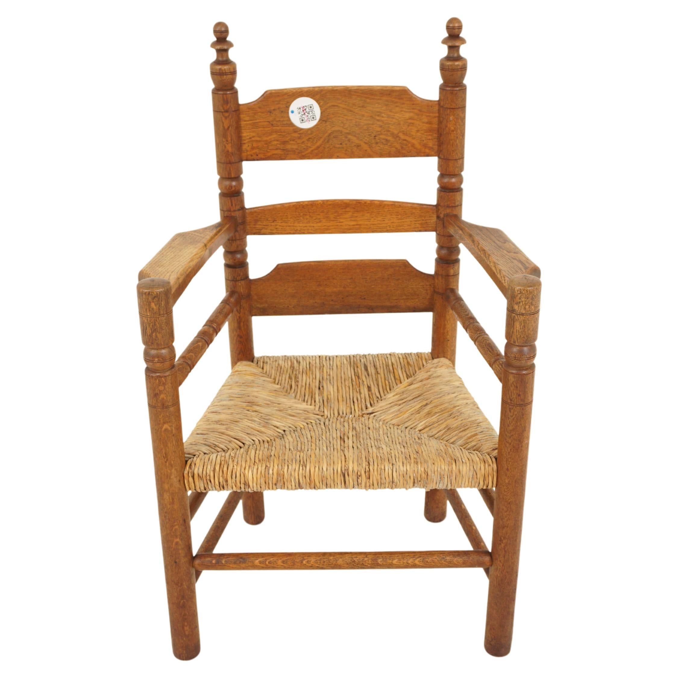 19th Century, Ladder Back Rush Seat Arm Seat Arm Chair, Scotland 1910, H091 For Sale