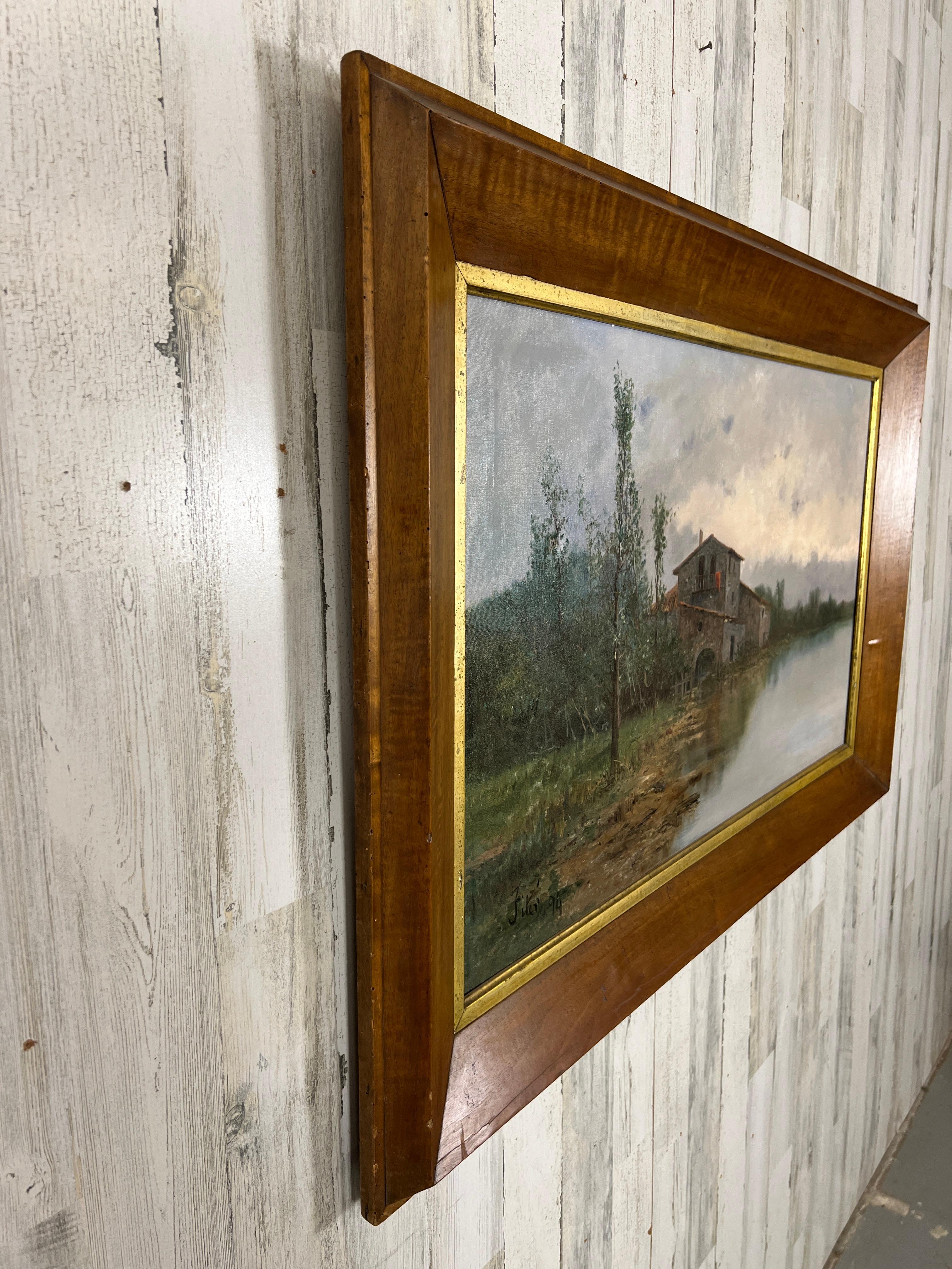 Peinture à l'huile sur toile d'une maison lacustre du 19e siècle en vente 3
