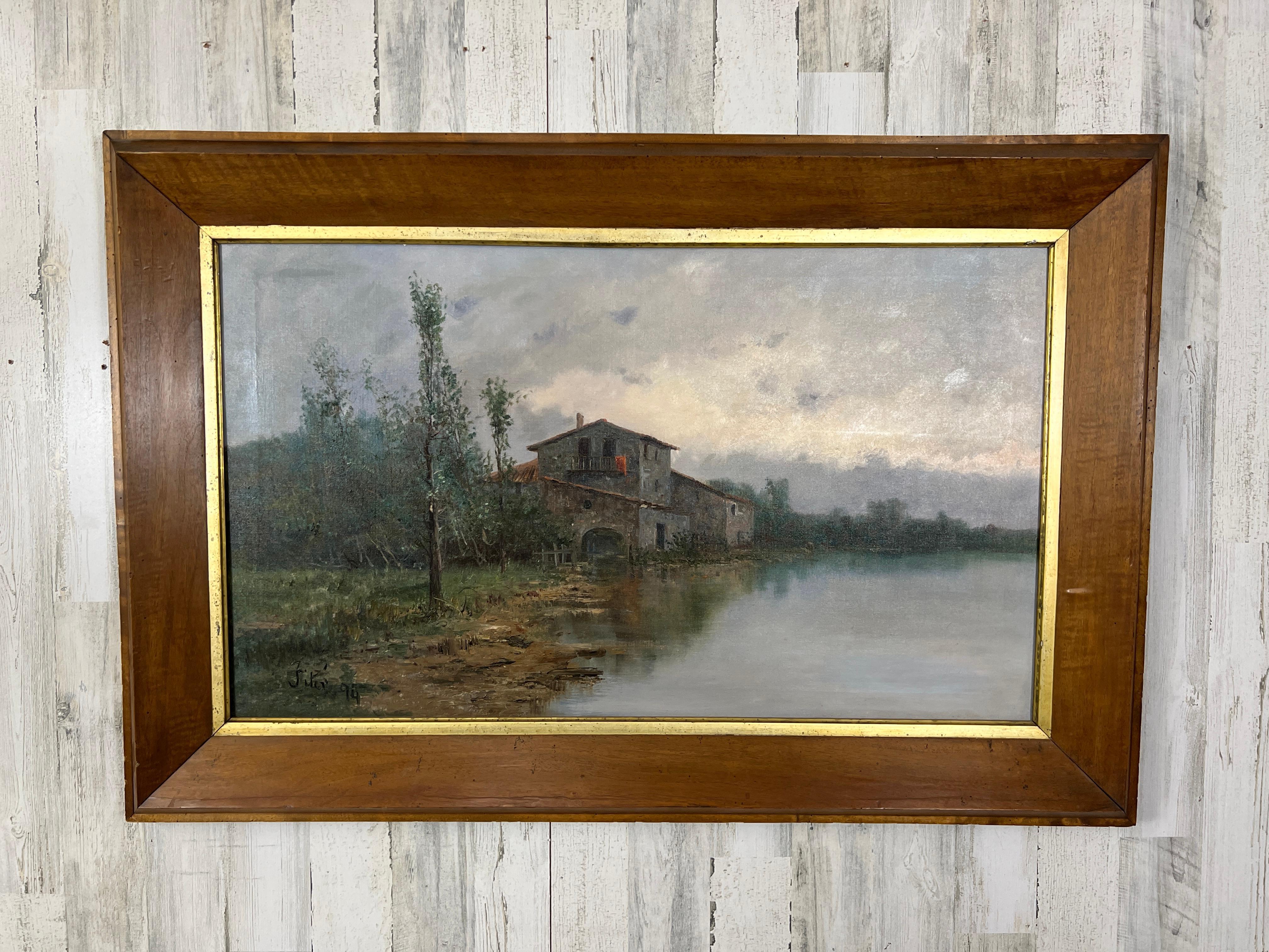 Antique 19th century country French lake house oil on canvas painting with walnut frame
Signed Fiter.