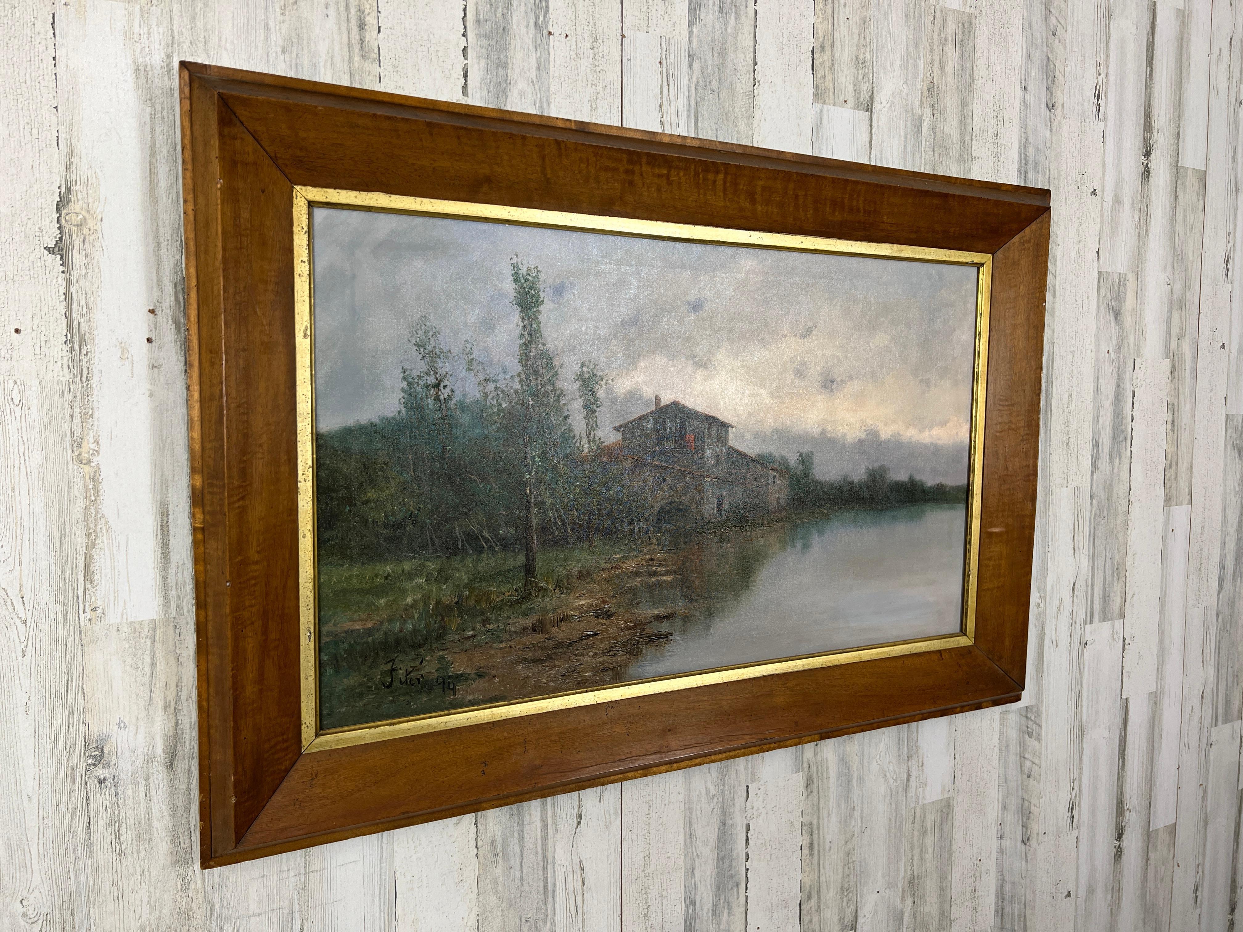 Belle Époque Peinture à l'huile sur toile d'une maison lacustre du 19e siècle en vente