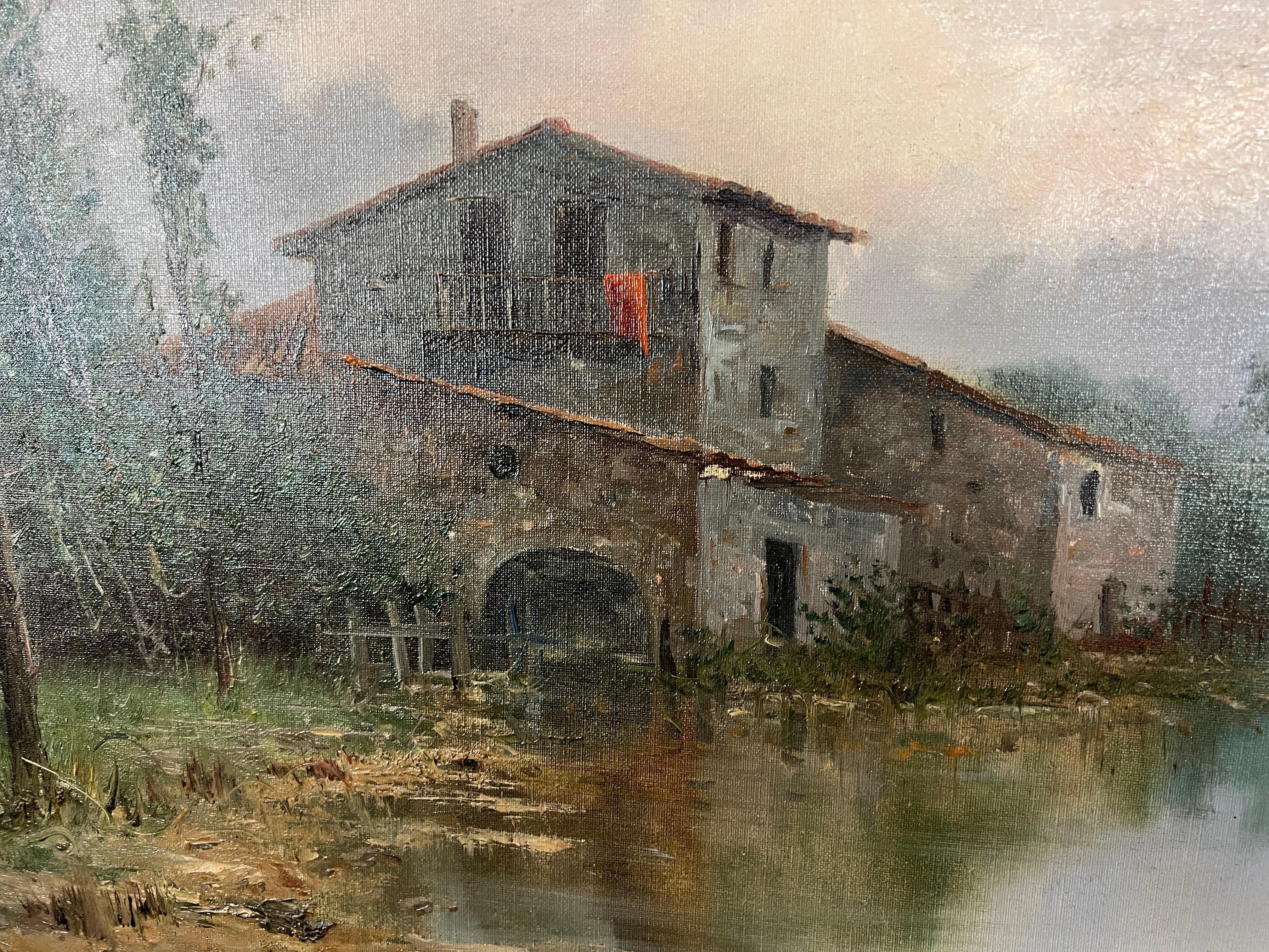 19th Century Lake House Oil on Canvas Painting In Good Condition For Sale In Denton, TX