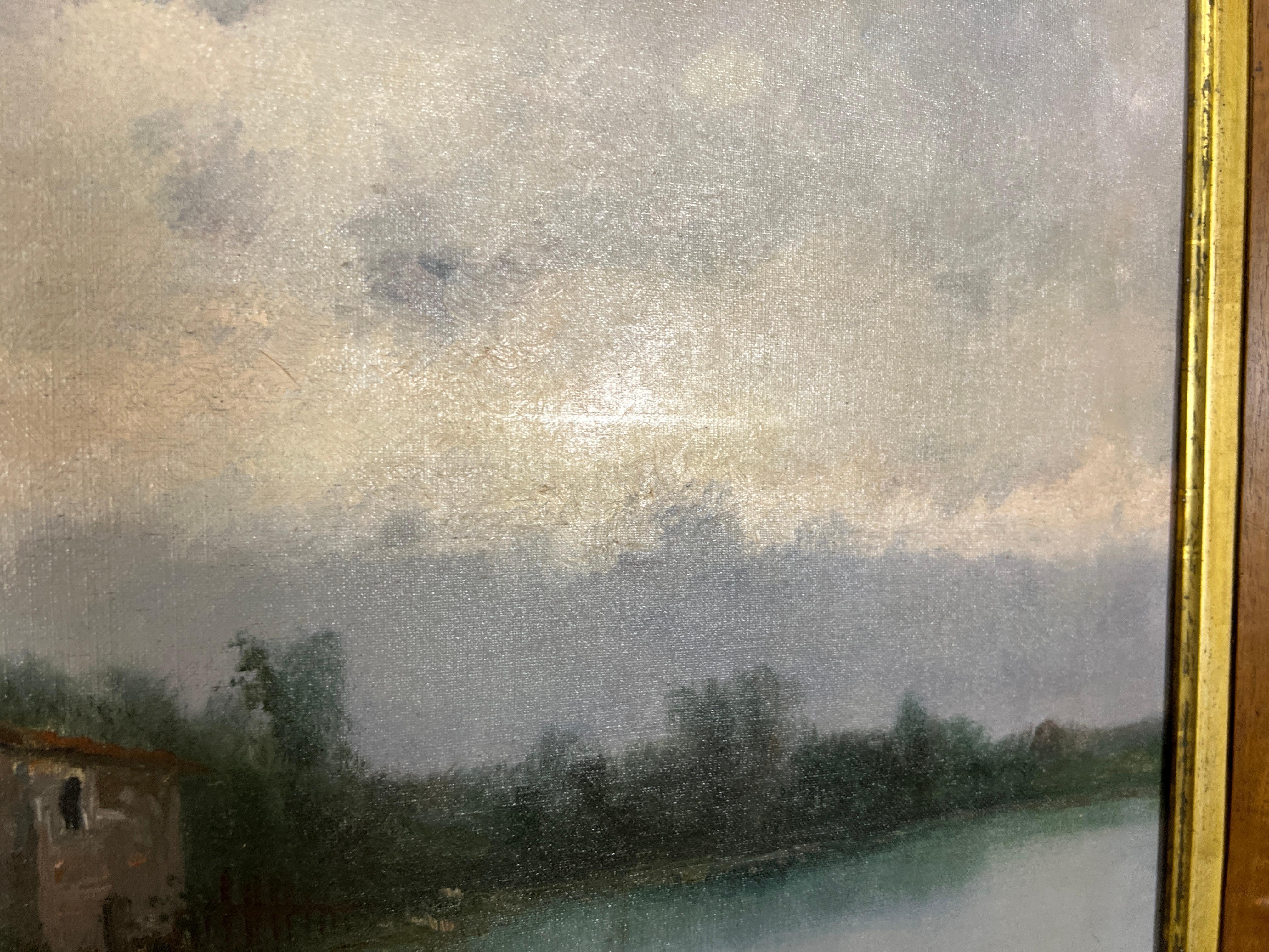 19th Century Lake House Oil on Canvas Painting For Sale 3