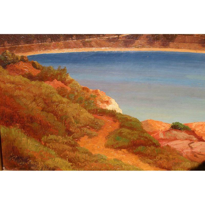 XIXe siècle Peinture à l'huile sur toile du 19ème siècle représentant un paysage de lac par Jonas en vente