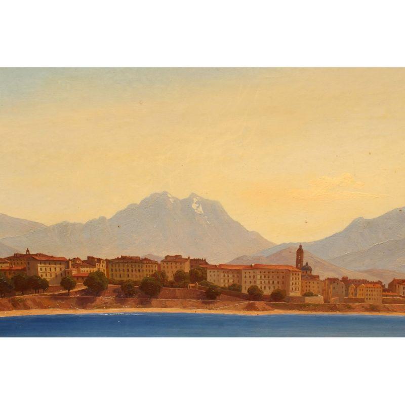 Toile Peinture à l'huile sur toile du 19ème siècle représentant un paysage de lac par Jonas en vente