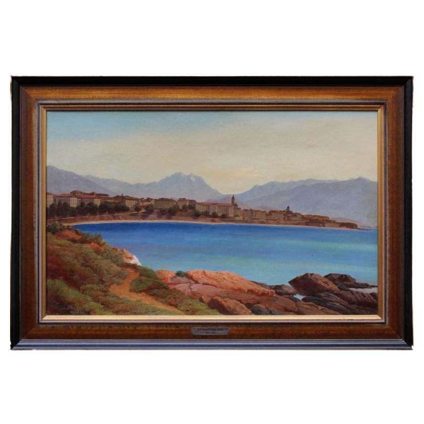 Peinture à l'huile sur toile du 19ème siècle représentant un paysage de lac par Jonas