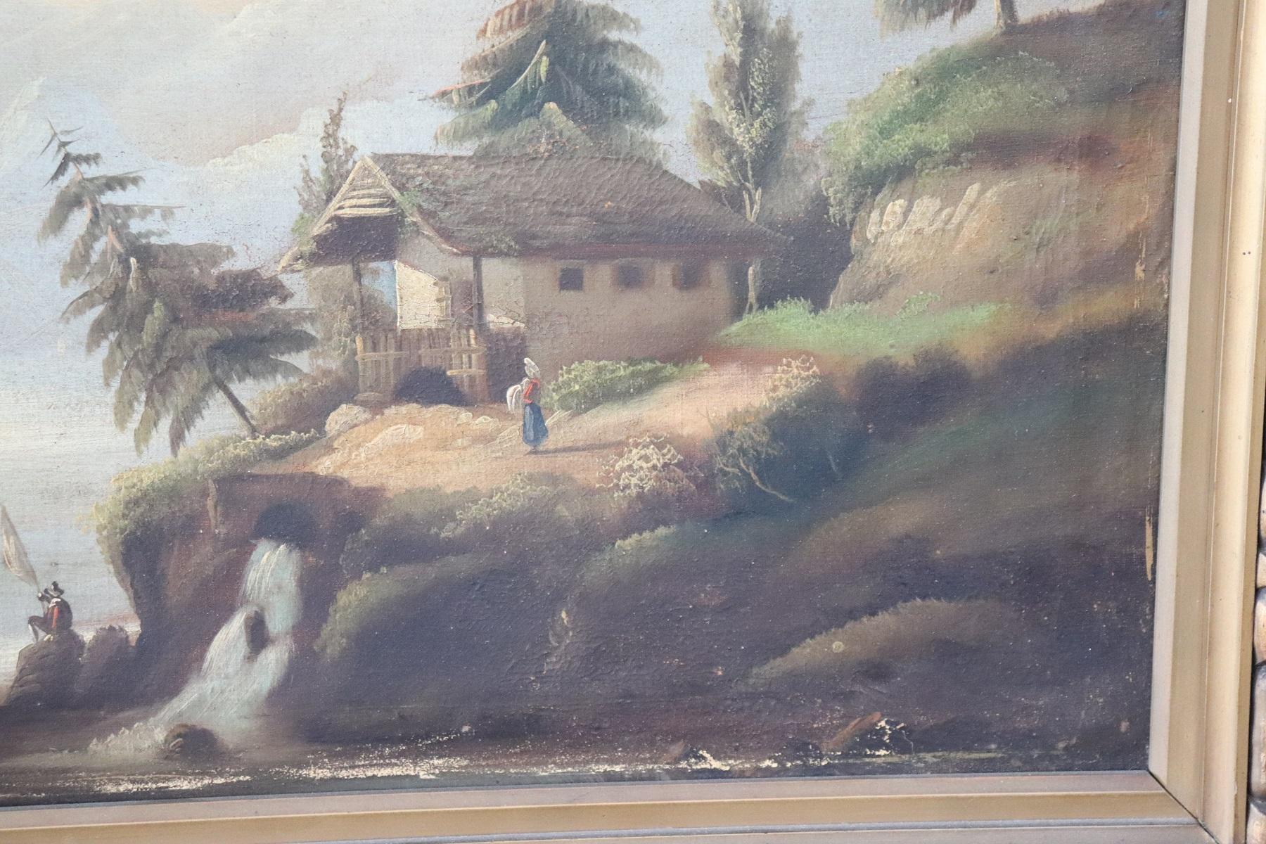 Belle peinture à l'huile sur toile du 19ème siècle non signée. École nordique d'excellente qualité picturale. Un paysage de lac avec quelques bateaux et des gens. Il y a quelques défauts causés par le passage des siècles. Vendu avec le cadre.
  