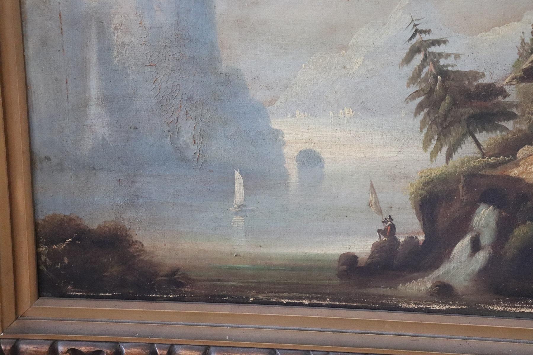 Italian 19th Century Lake Landscape with Golden Frame For Sale