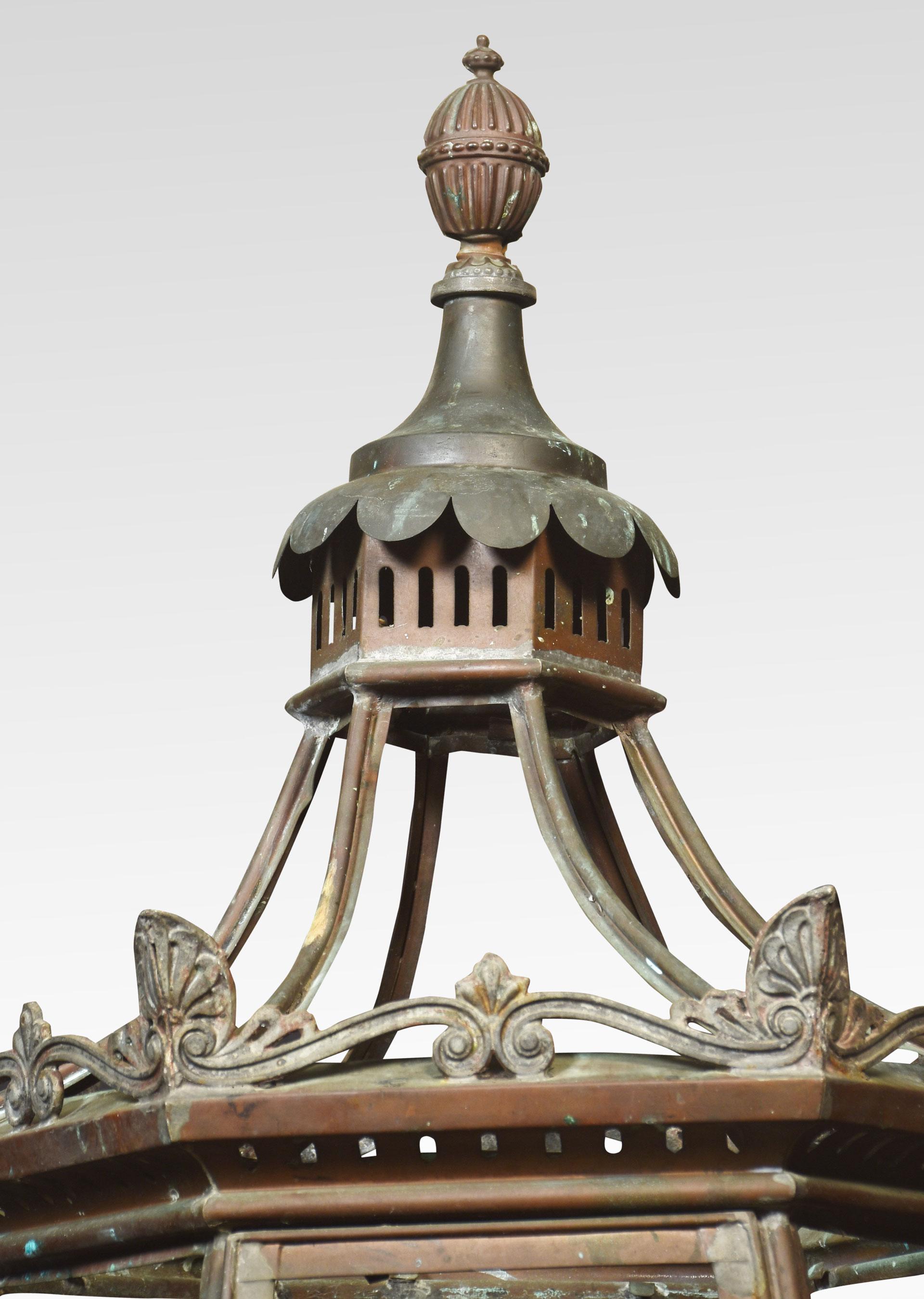 19th-century lamp post lantern, having a shaped finial to the copper lantern frame with a long door. Raised up on cast-iron scrolling base.
Dimensions
Height 55 Inches
Width 23 Inches
Depth 23 Inches