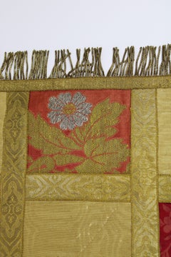 19th Century Lampas tapestry table runner woven Gold Lyon silk patchwork France