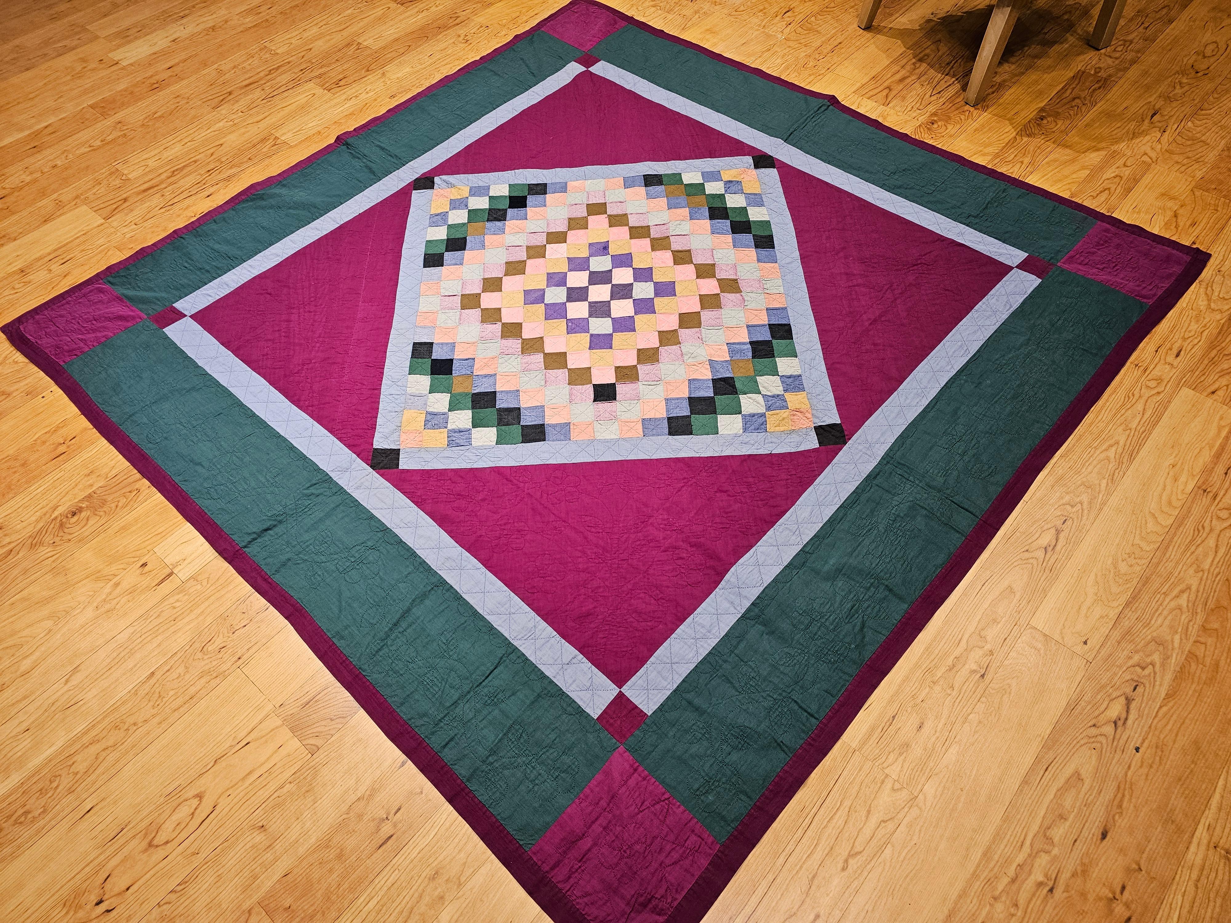 19th Century Lancaster County Amish Quilt in Forest Green, Burgundy, Blue For Sale 6