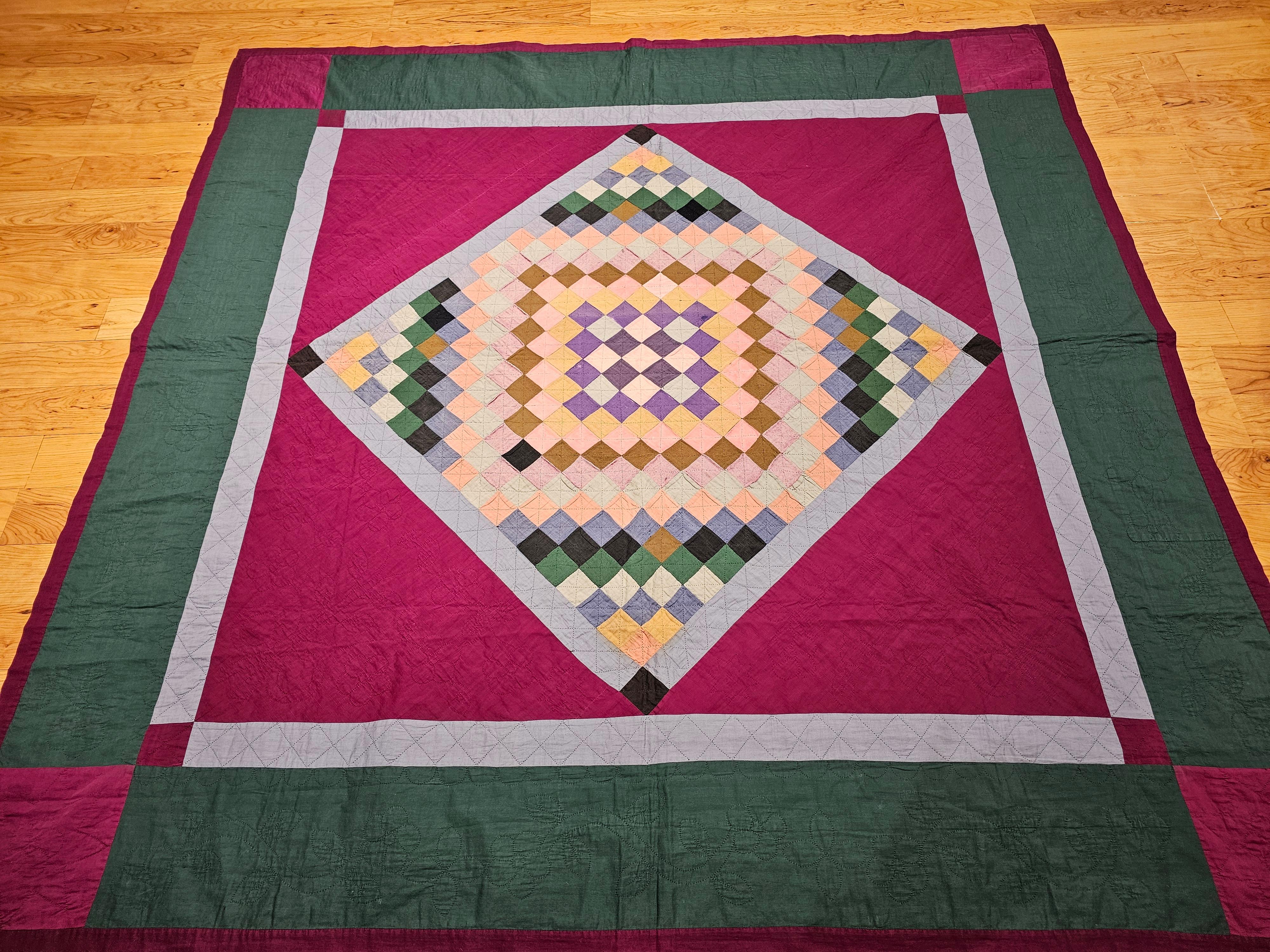 19th Century Lancaster County Amish Quilt in Forest Green, Burgundy, Blue For Sale 7