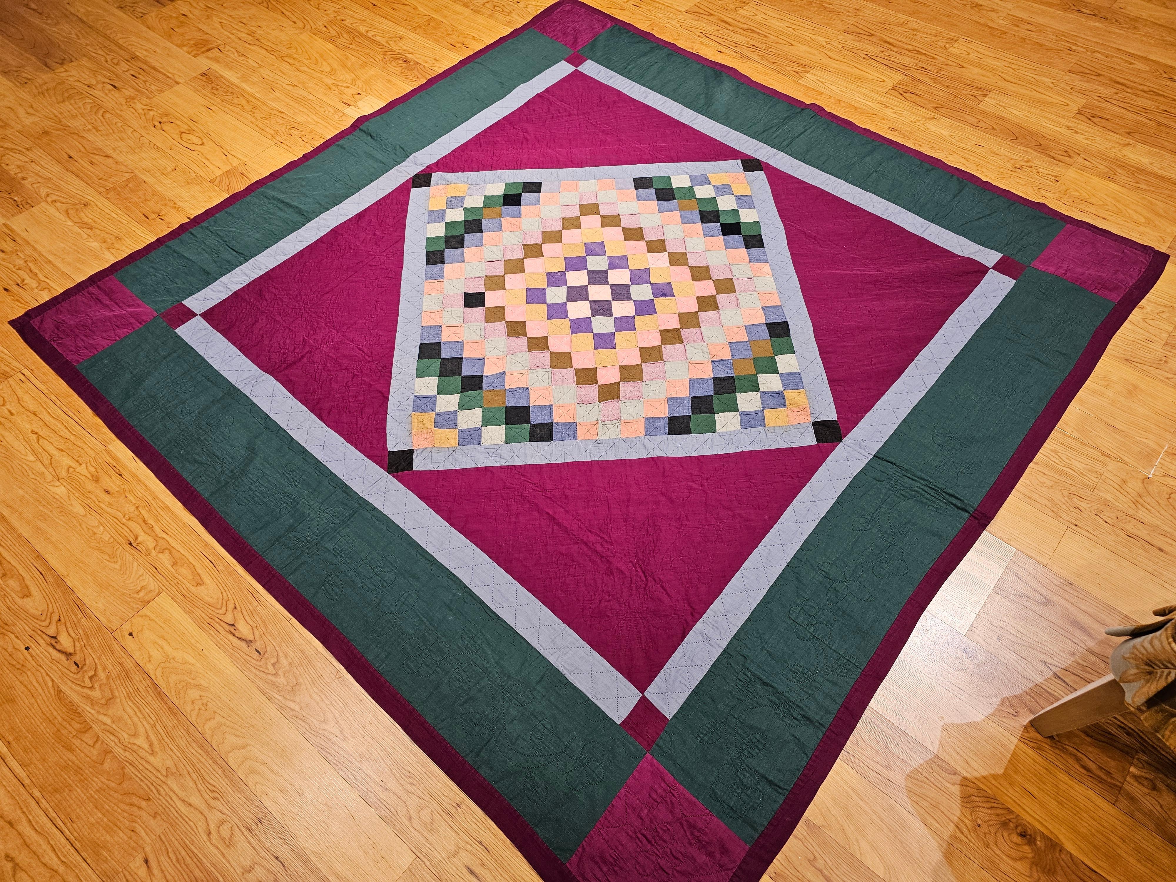 19th Century Lancaster County Amish Quilt in Forest Green, Burgundy, Blue For Sale 8