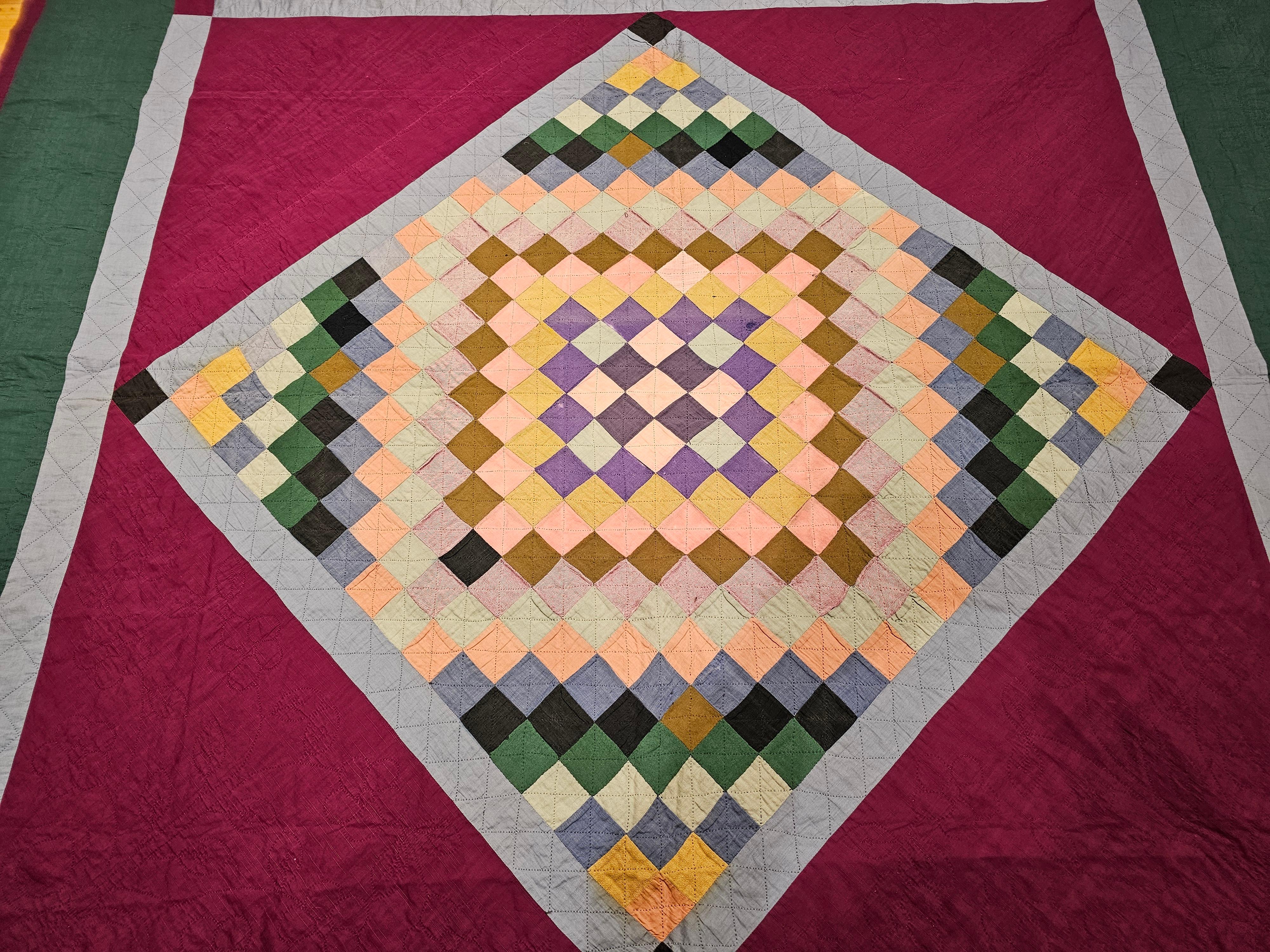American 19th Century Lancaster County Amish Quilt in Forest Green, Burgundy, Blue For Sale