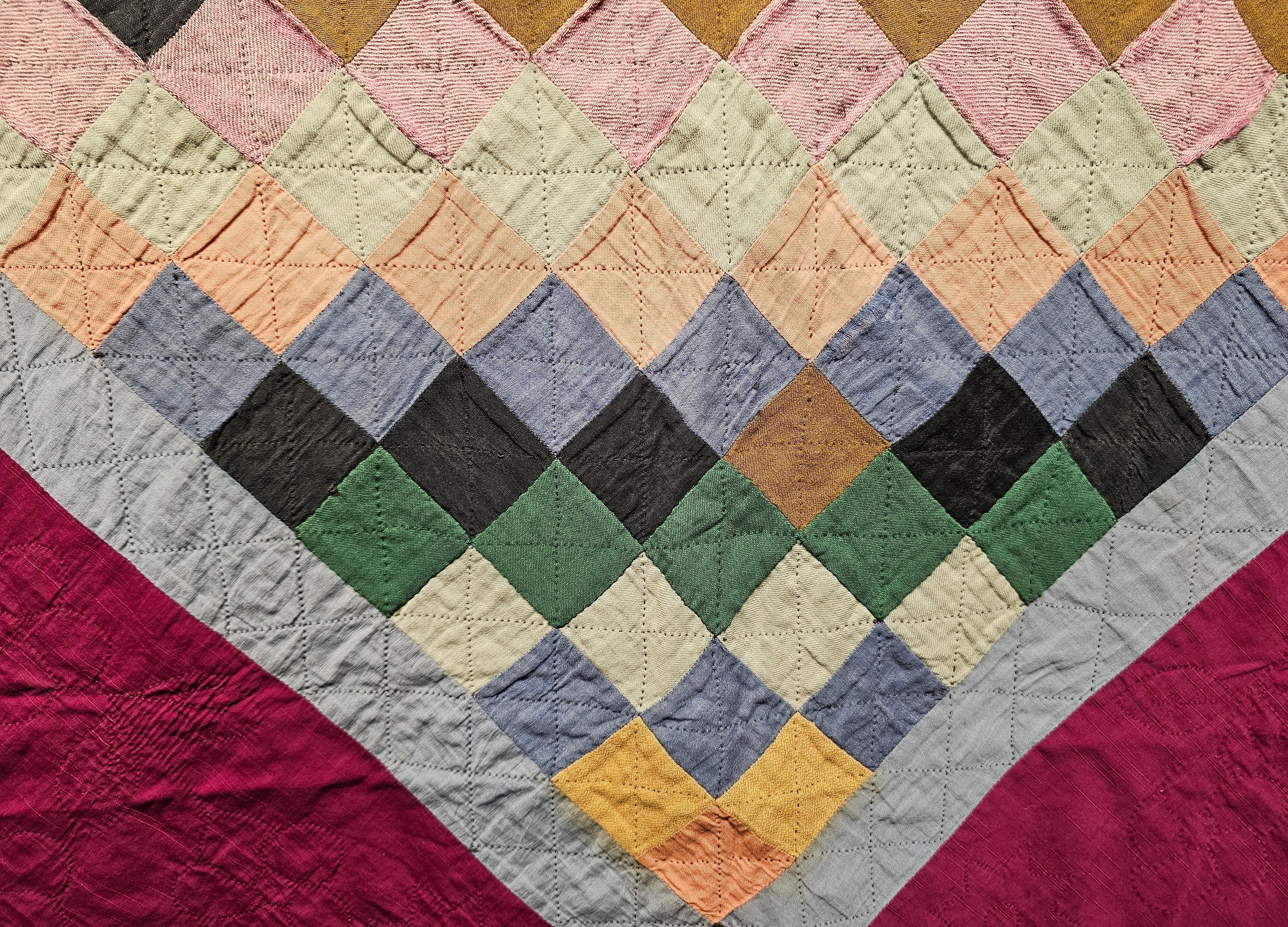 19th Century Lancaster County Amish Quilt in Forest Green, Burgundy, Blue For Sale 1