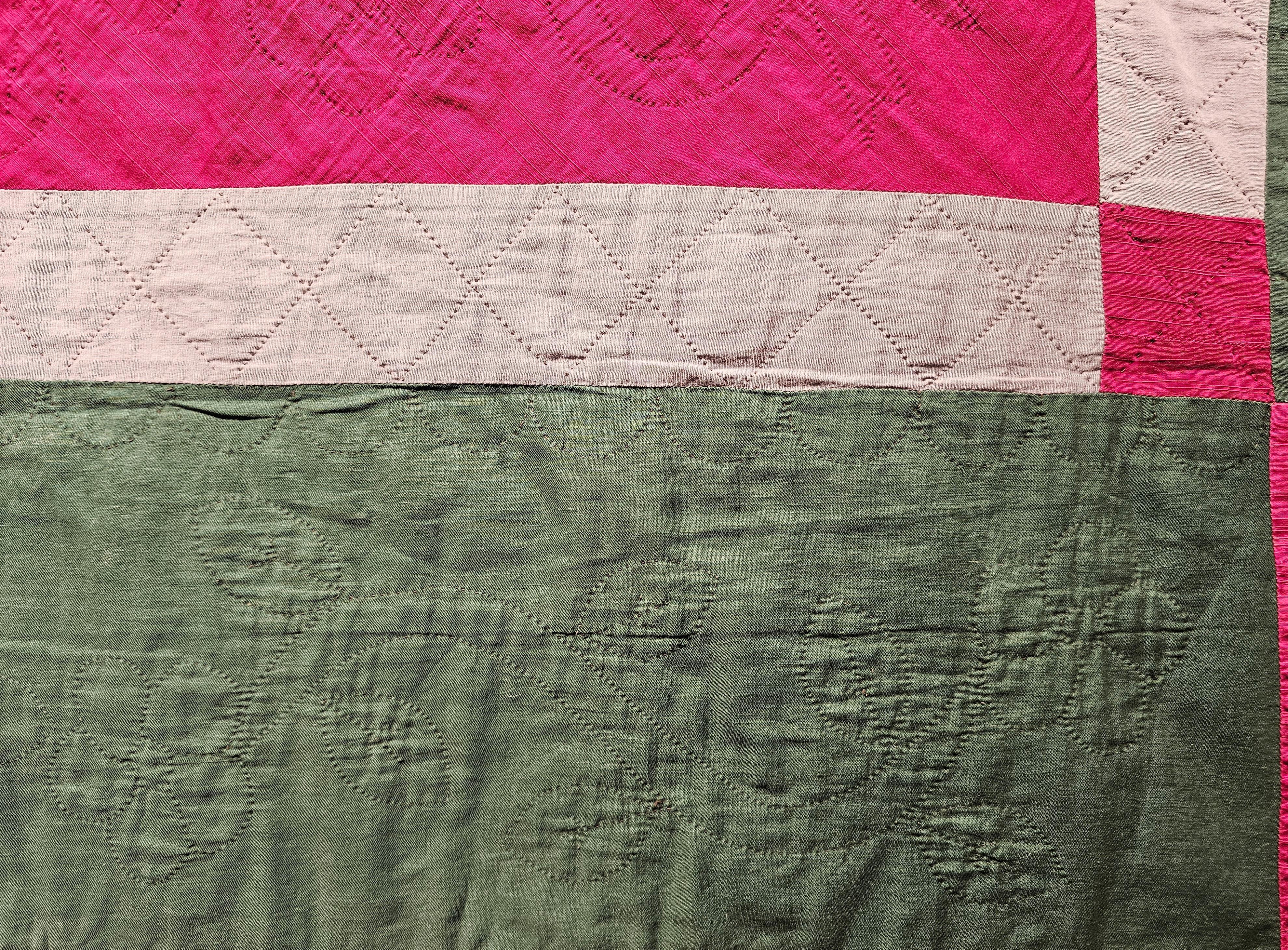 19th Century Lancaster County Amish Quilt in Forest Green, Burgundy, Blue For Sale 2