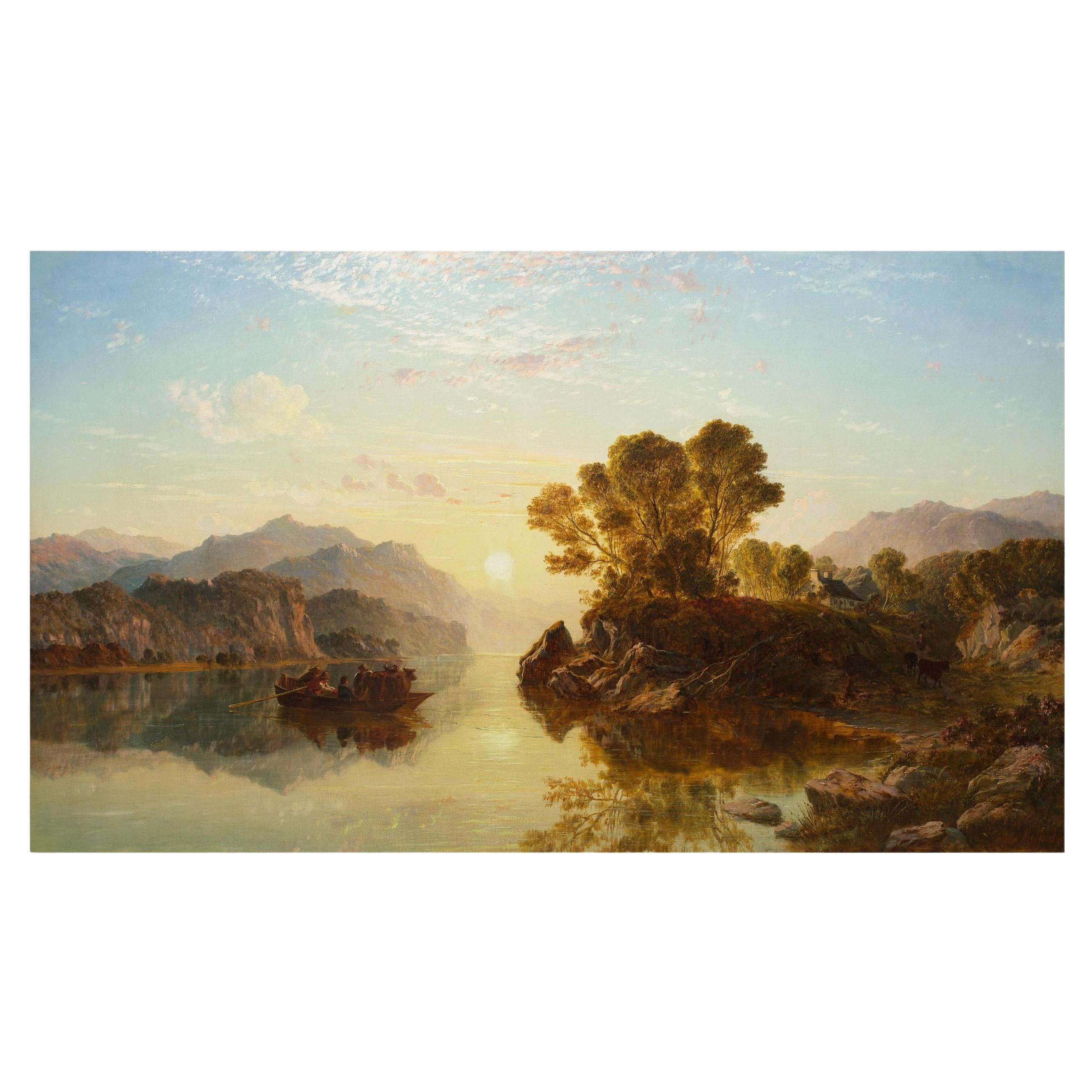 19th Century Landscape Painting "A Scottish Loch at Sunrise" by John Mogford For Sale