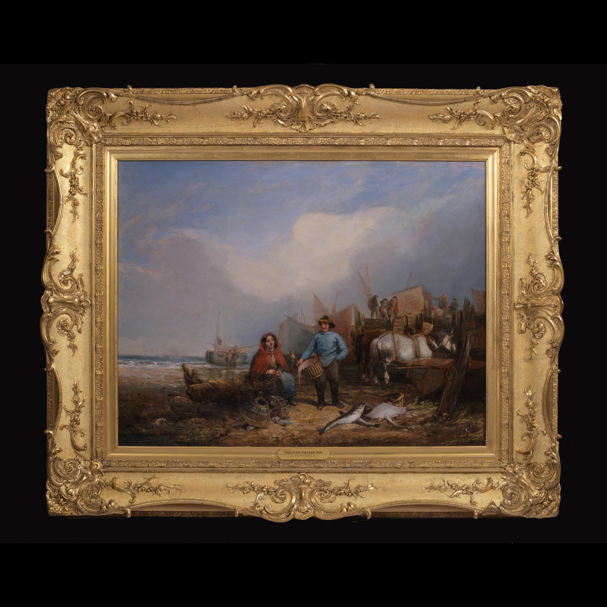 Artist: William Shayer Snr (British) 1787 - 1879

Medium: Oil on canvas in its original gilt frame

Title: Unloading the catch

Canvas Size: H: 28 in / 71.2 cm ; W: 36 in / 91.5 cm

Framed Size: H: 49 in / 124.5 cm ; W: 41 in / 104.2