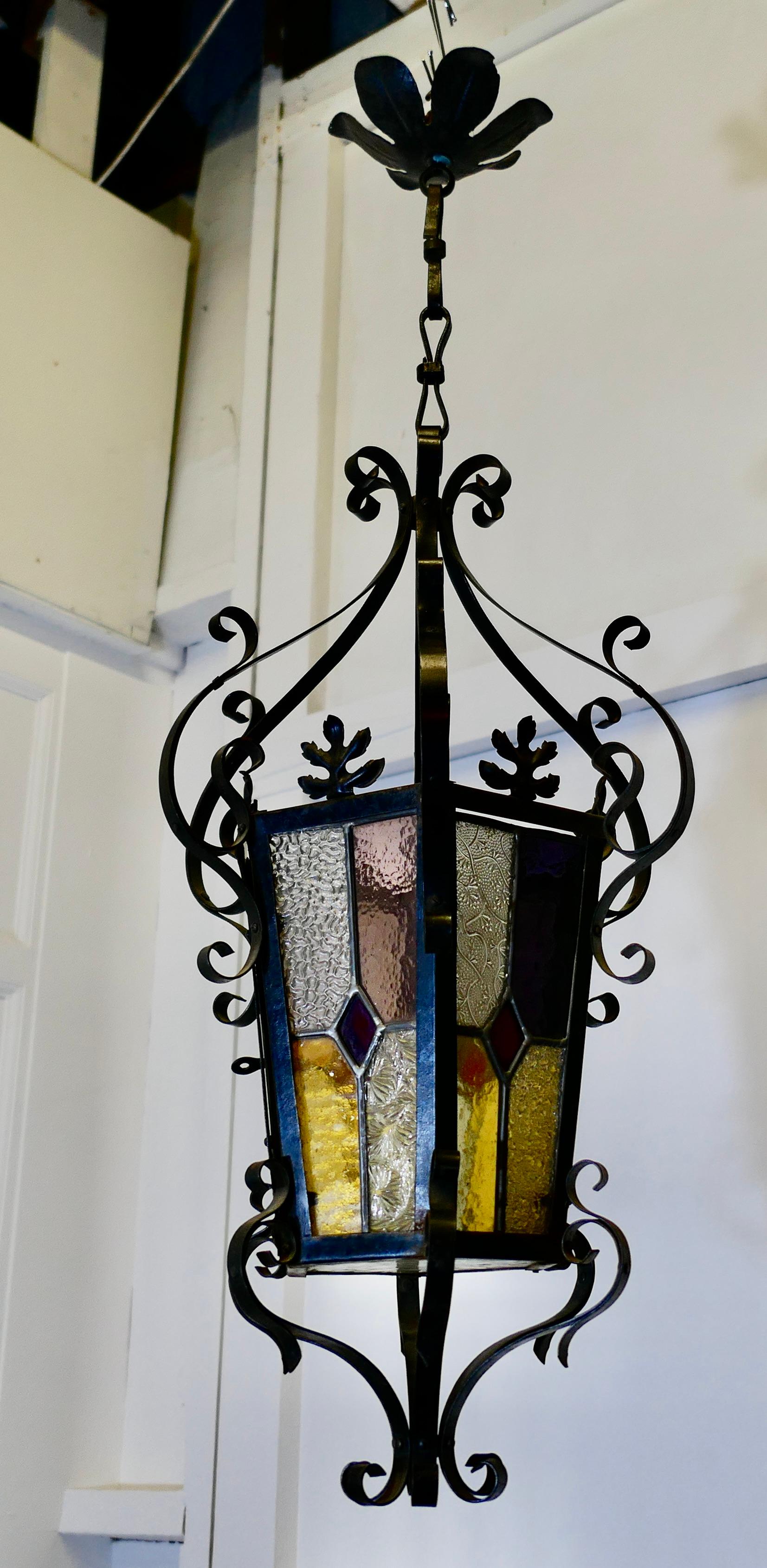 Arts and Crafts 19th Century Lantern, Stained Glass Arts & Crafts Lamp Shade