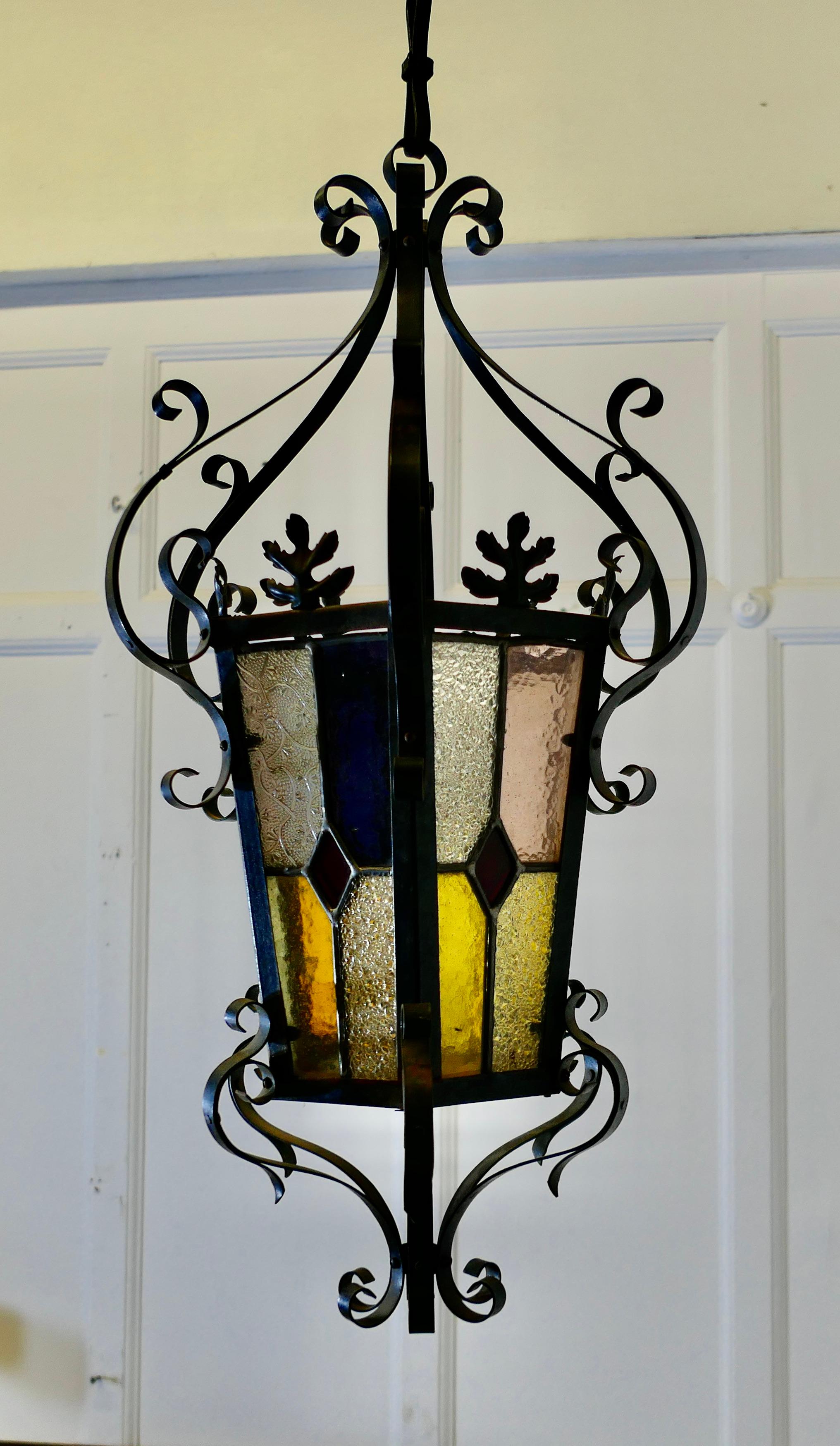 19th Century Lantern, Stained Glass Arts & Crafts Lamp Shade In Good Condition In Godshill, Isle of Wight
