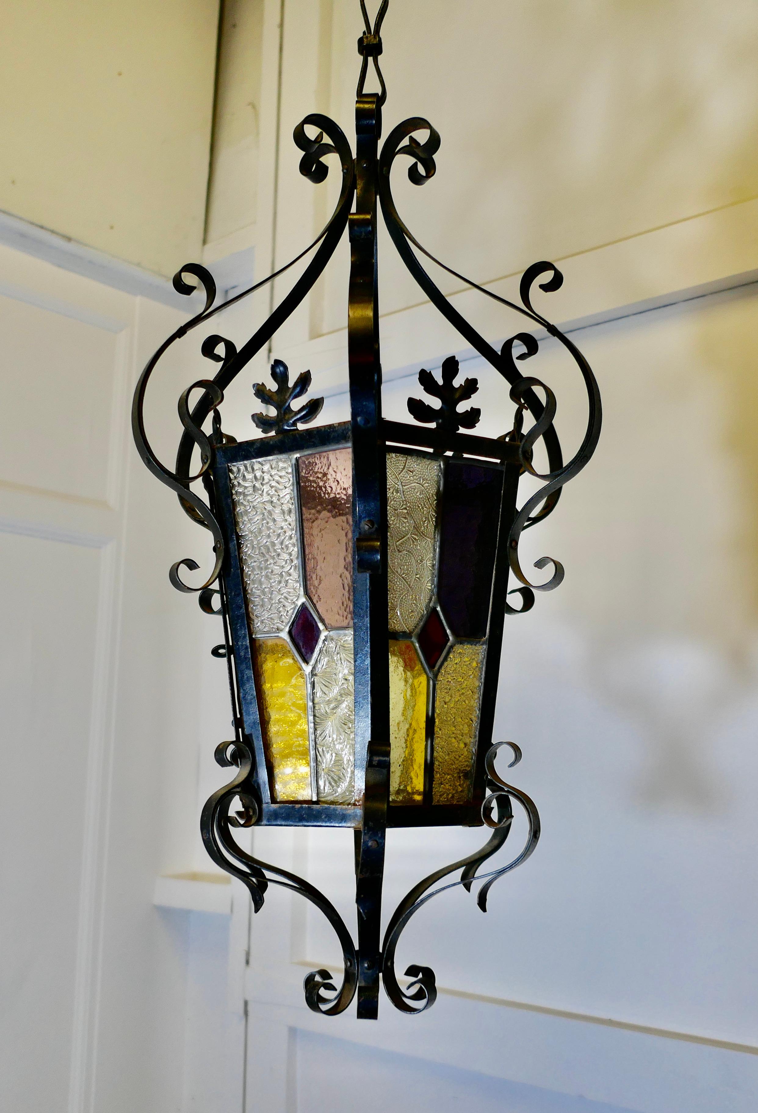 Iron 19th Century Lantern, Stained Glass Arts & Crafts Lamp Shade