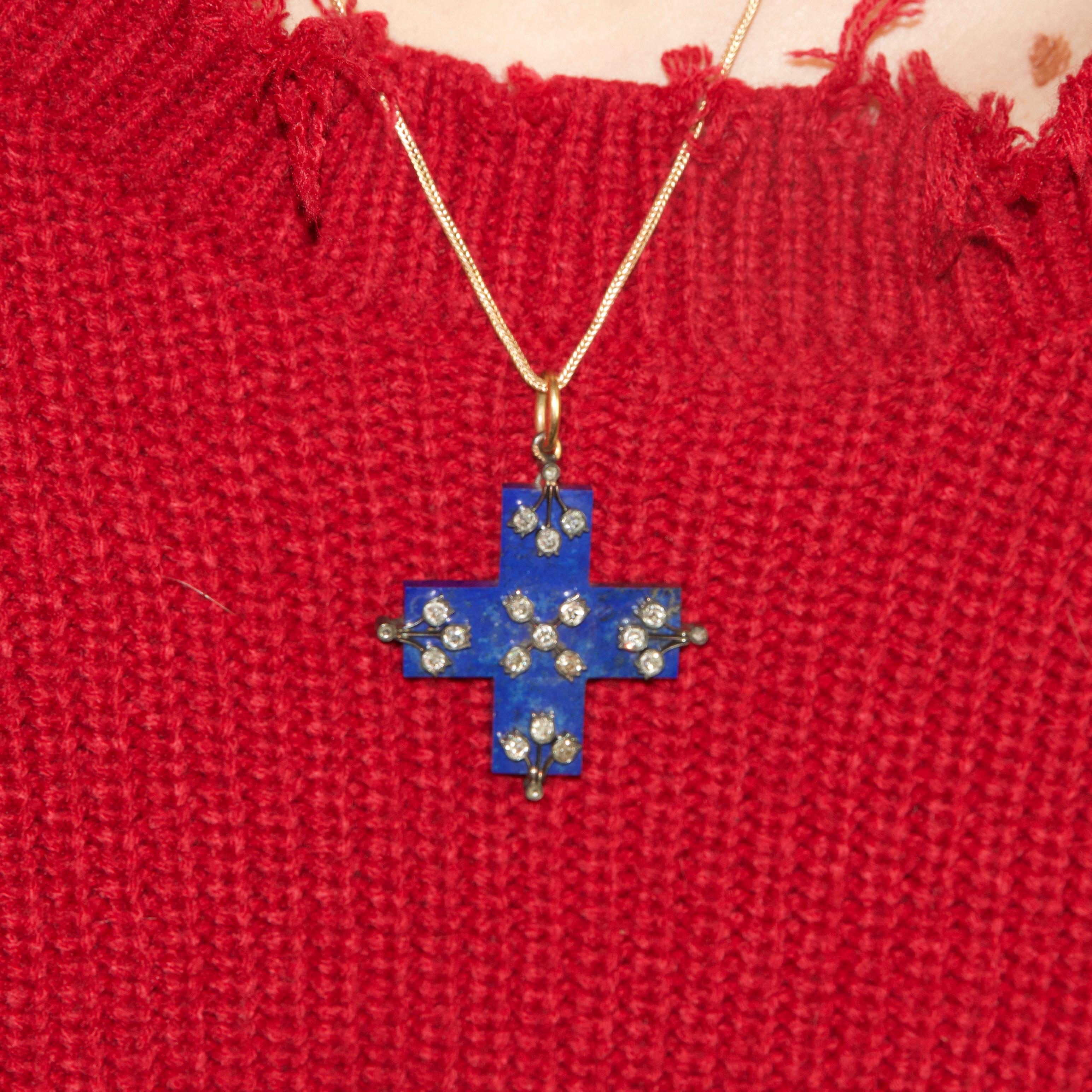 19th Century Lapis-Lazuli and Diamond Cross In Excellent Condition For Sale In Paris, FR
