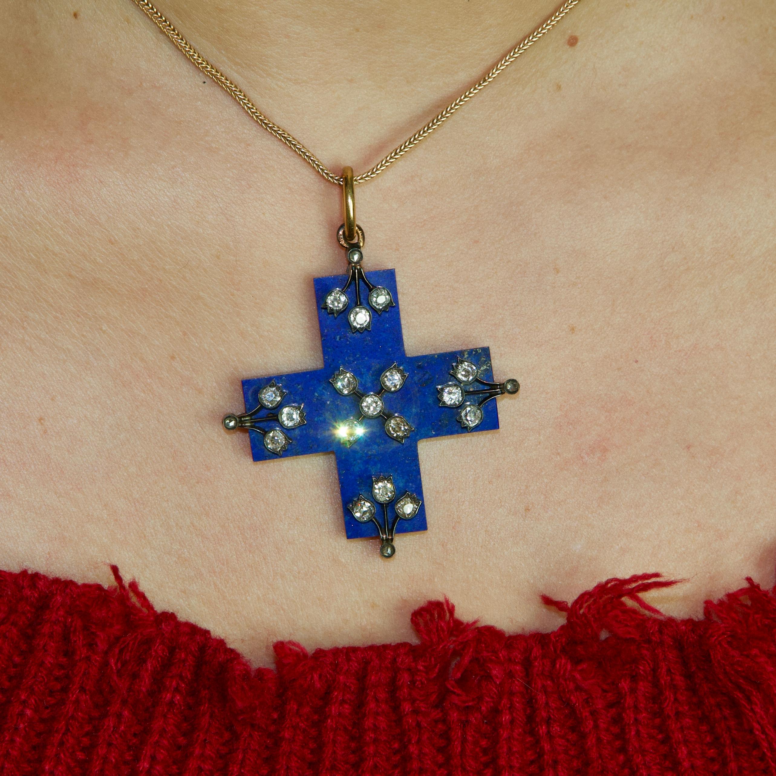 Women's or Men's 19th Century Lapis-Lazuli and Diamond Cross For Sale