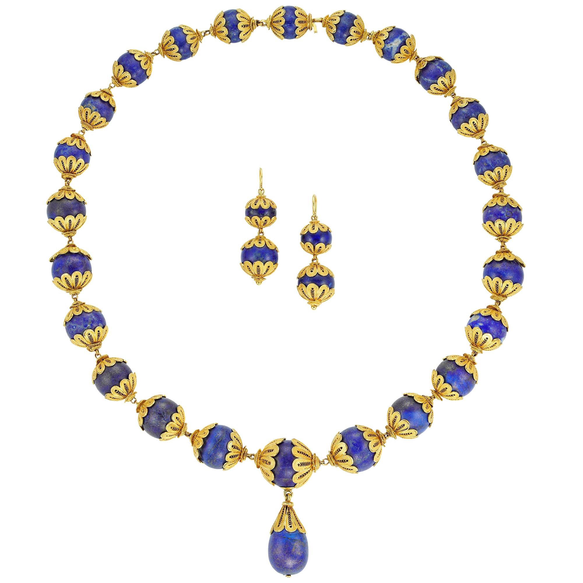 19th Century Lapis Lazuli Bead and Gold Demi-Parure For Sale