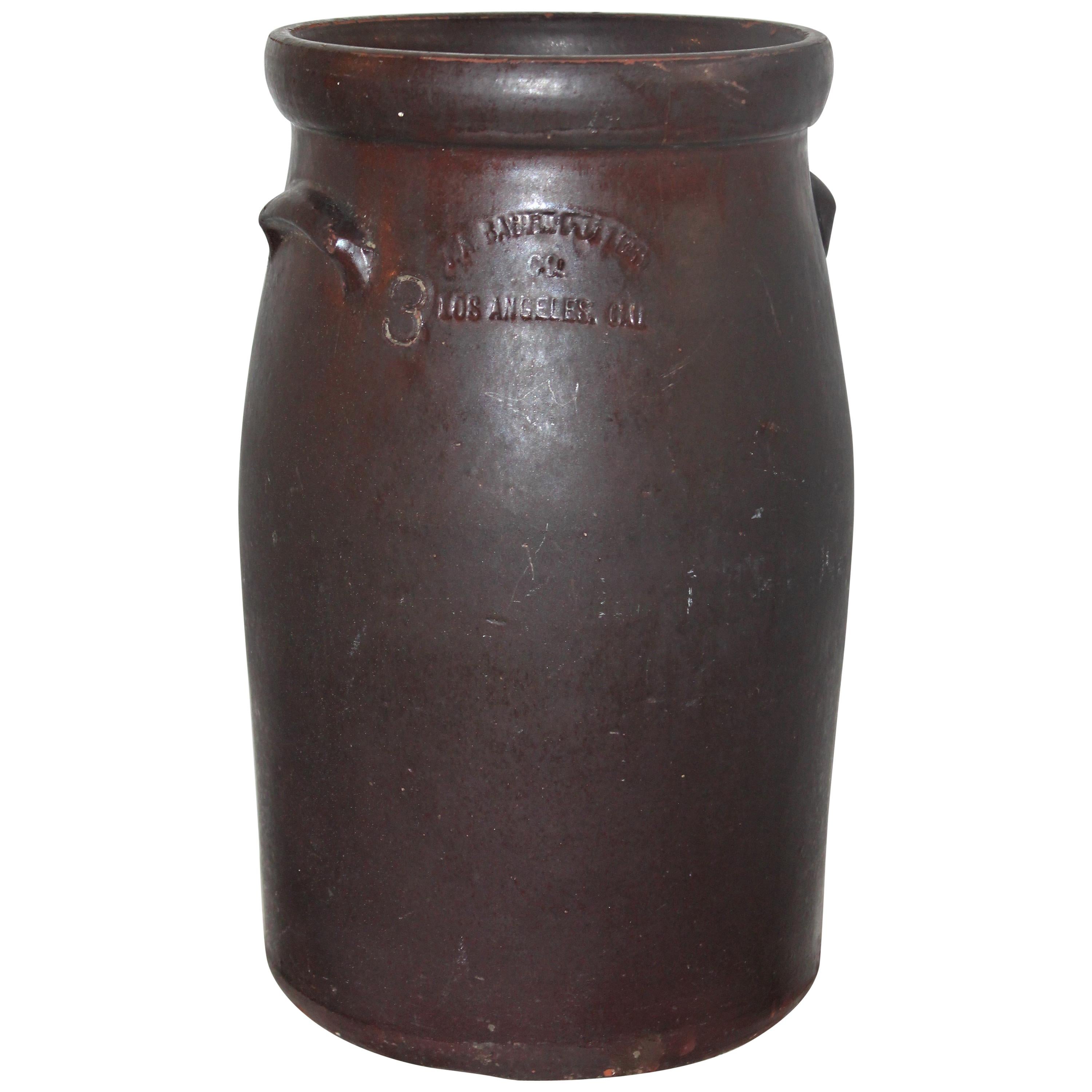 19th Century Large 3 Gal. Crock or Butter Churn Made in  Los Angeles