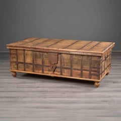 19th Century Large Anglo-Raj Iron-Bound Teak Trunk Table with Hinged Lid